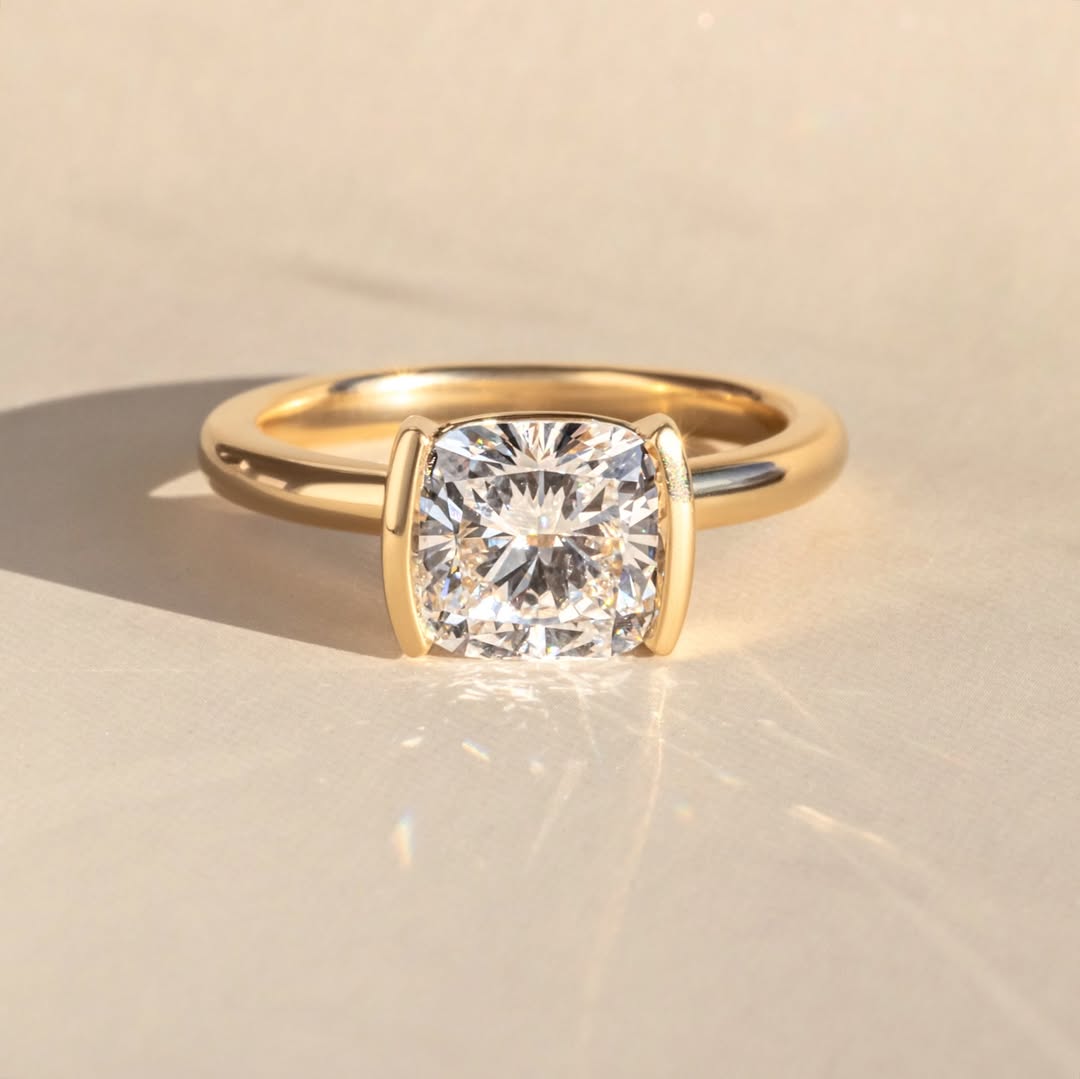 2.0 CT Cushion E/VS2 CVD Diamond Half Bezel Style Engagement Ring