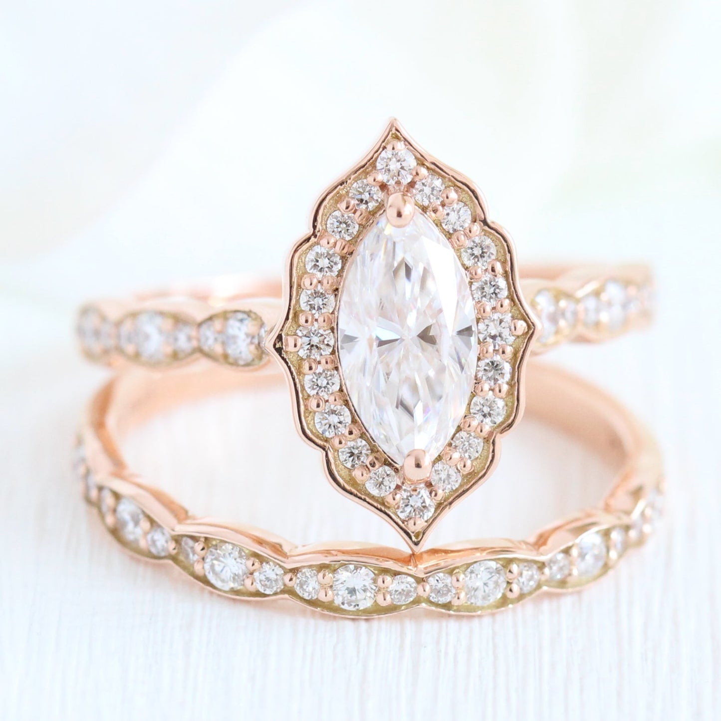 Ariana- 2.0 CT Marquise Moissanite Halo & Pave Bridal Ring Set