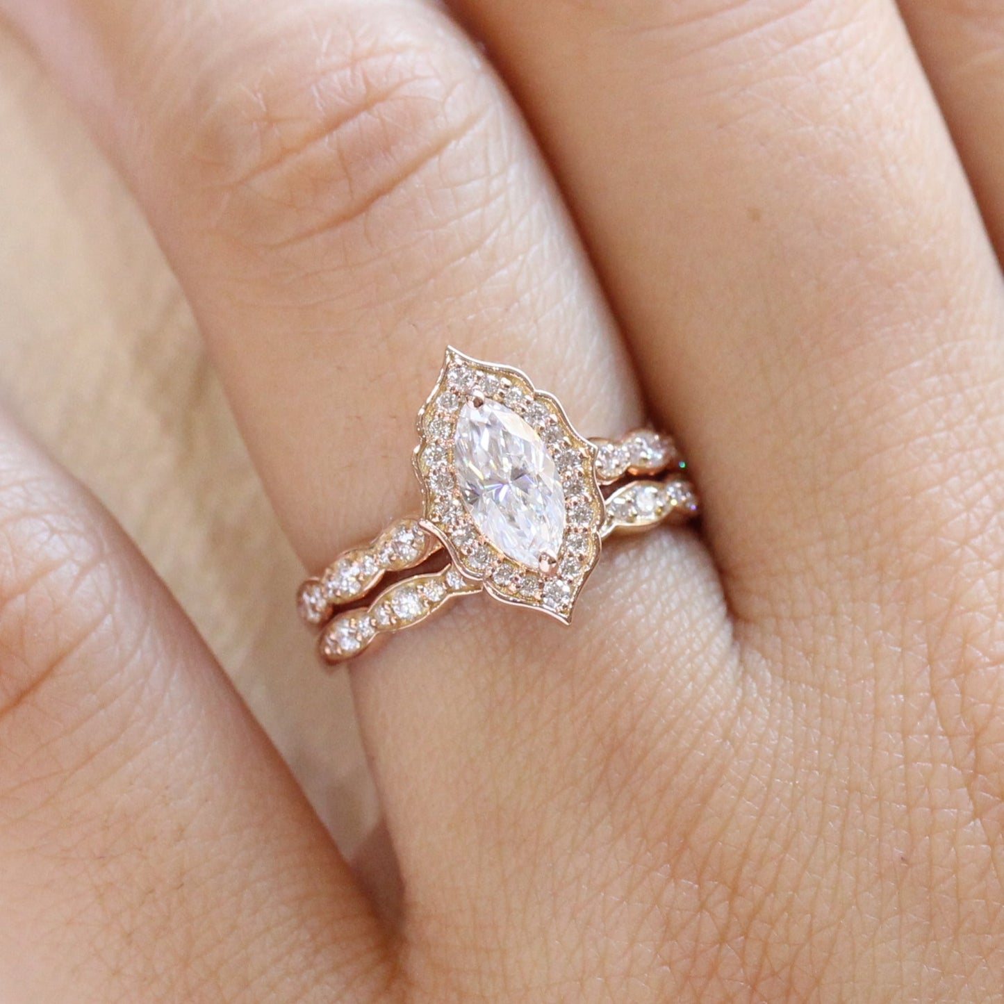 Ariana- 2.0 CT Marquise Moissanite Halo & Pave Bridal Ring Set