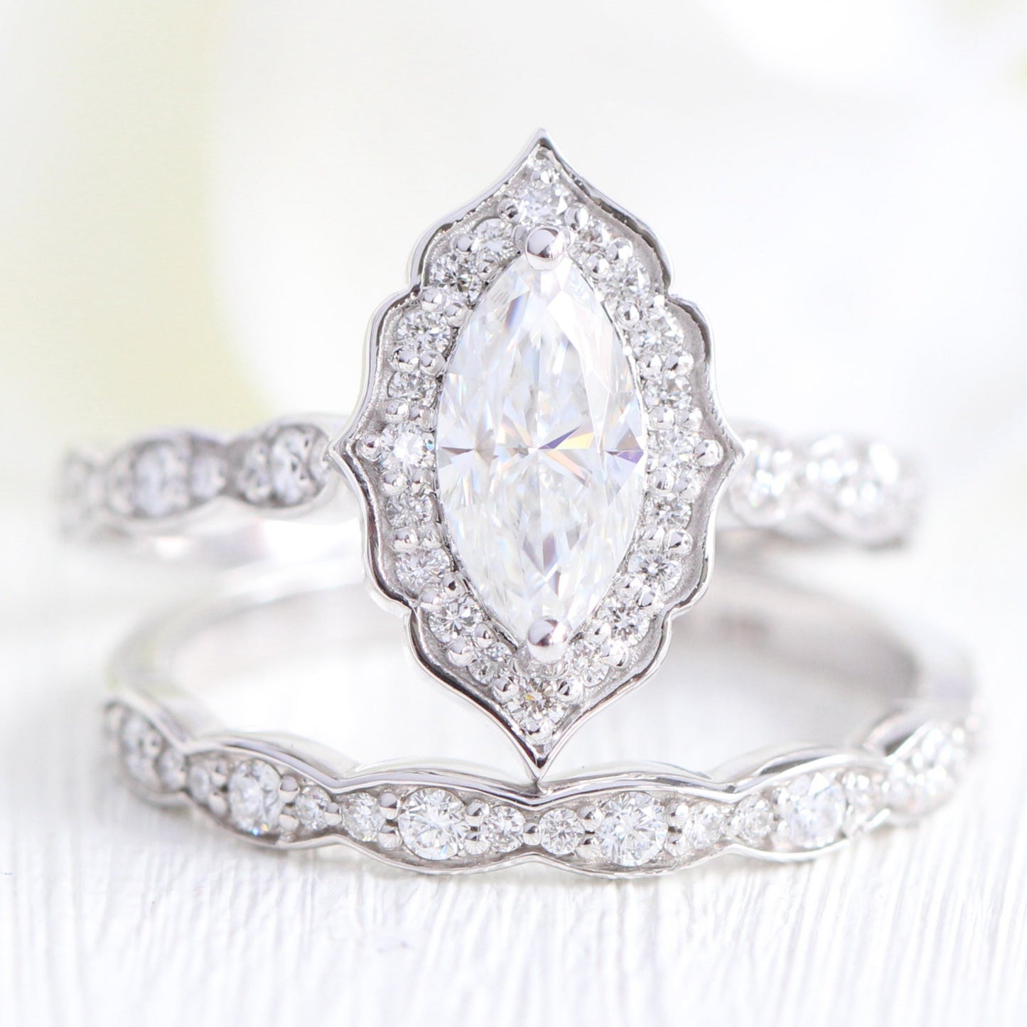 Ariana- 2.0 CT Marquise Moissanite Halo & Pave Bridal Ring Set