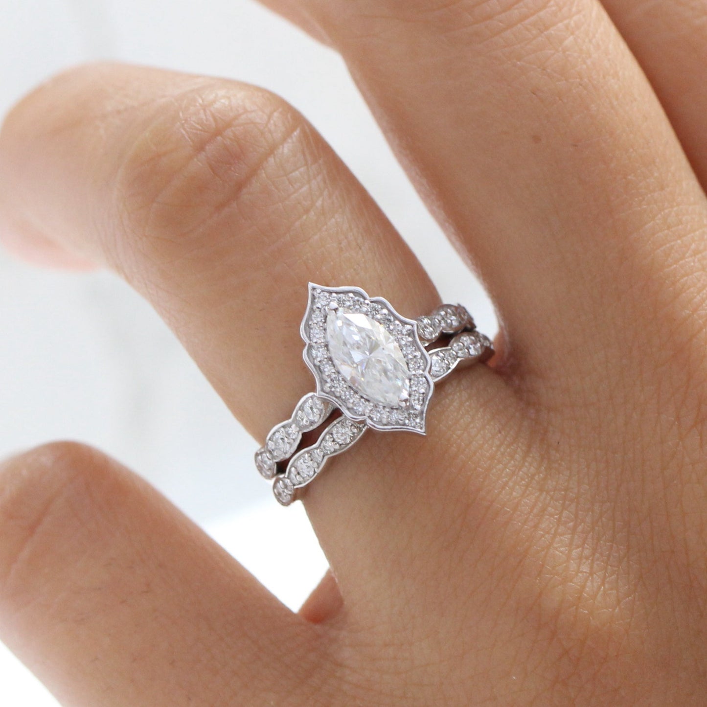 Ariana- 2.0 CT Marquise Moissanite Halo & Pave Bridal Ring Set