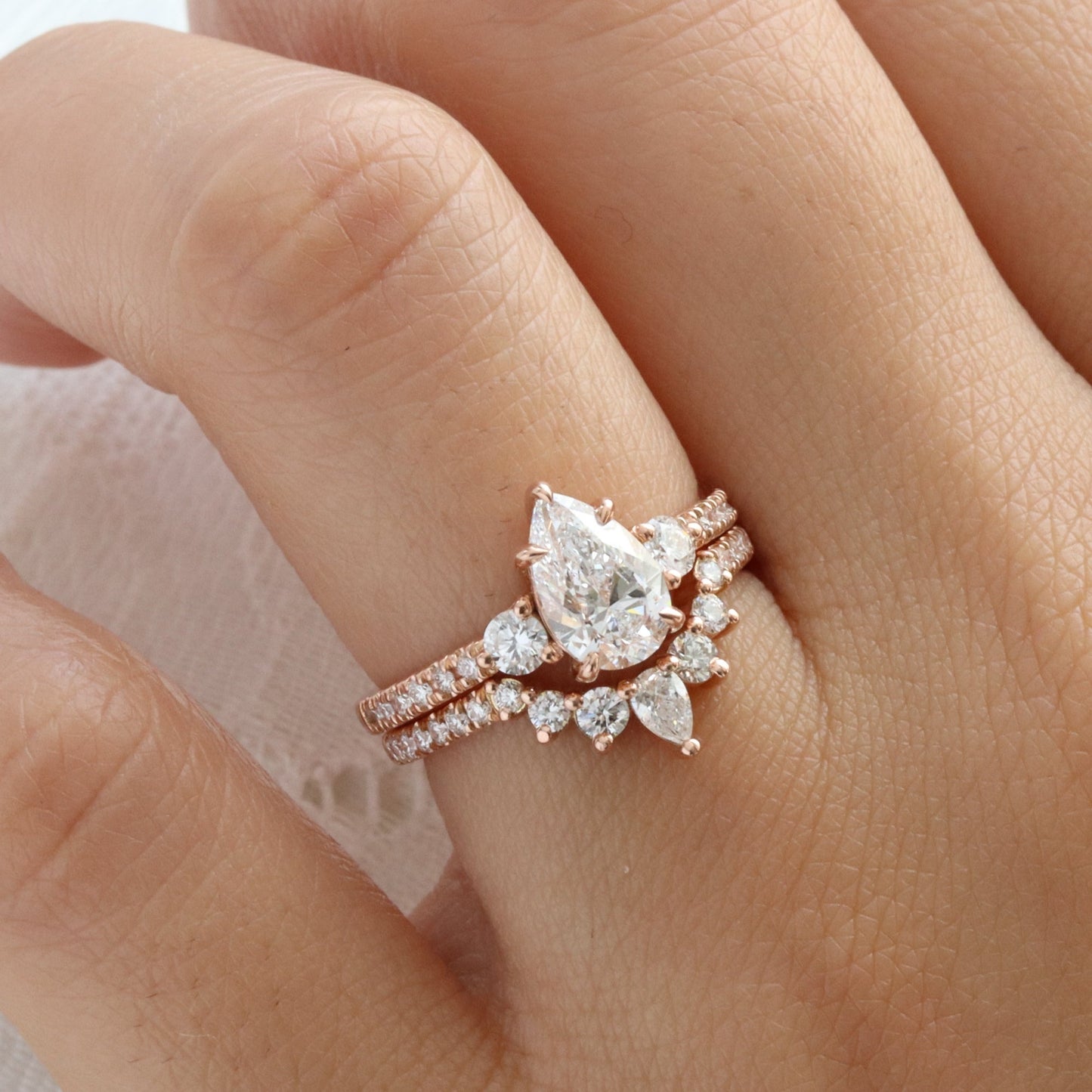 Avery- 1.50 CT Pear Moissanite Three Stones & Pave Bridal Ring Set