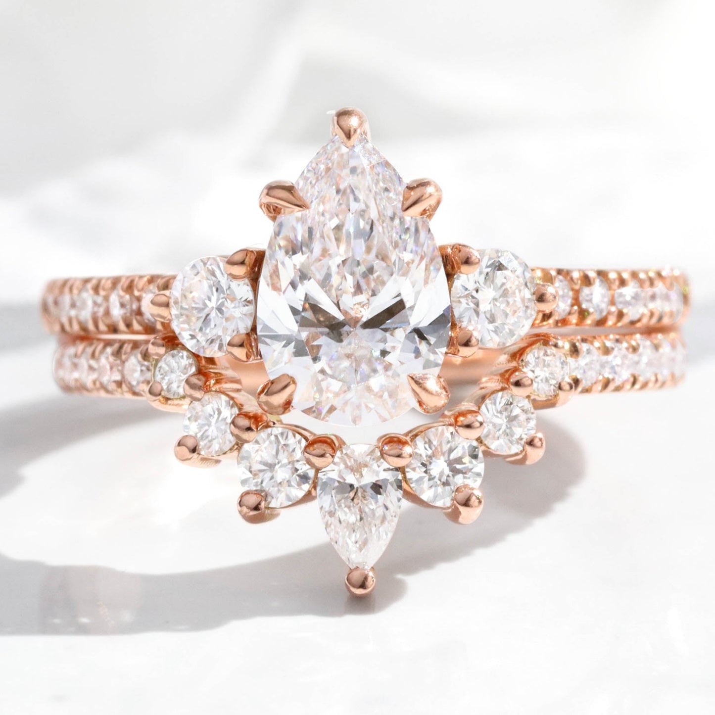 Avery- 1.50 CT Pear Moissanite Three Stones & Pave Bridal Ring Set
