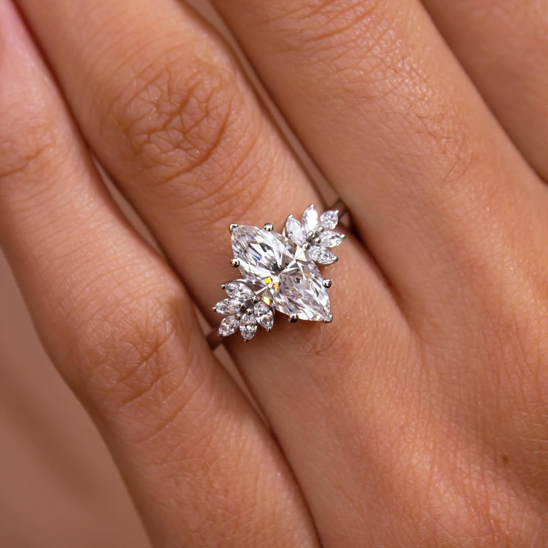 2.0 CT Marquise E/VVS2 CVD Diamond Cluster Style Engagement Ring