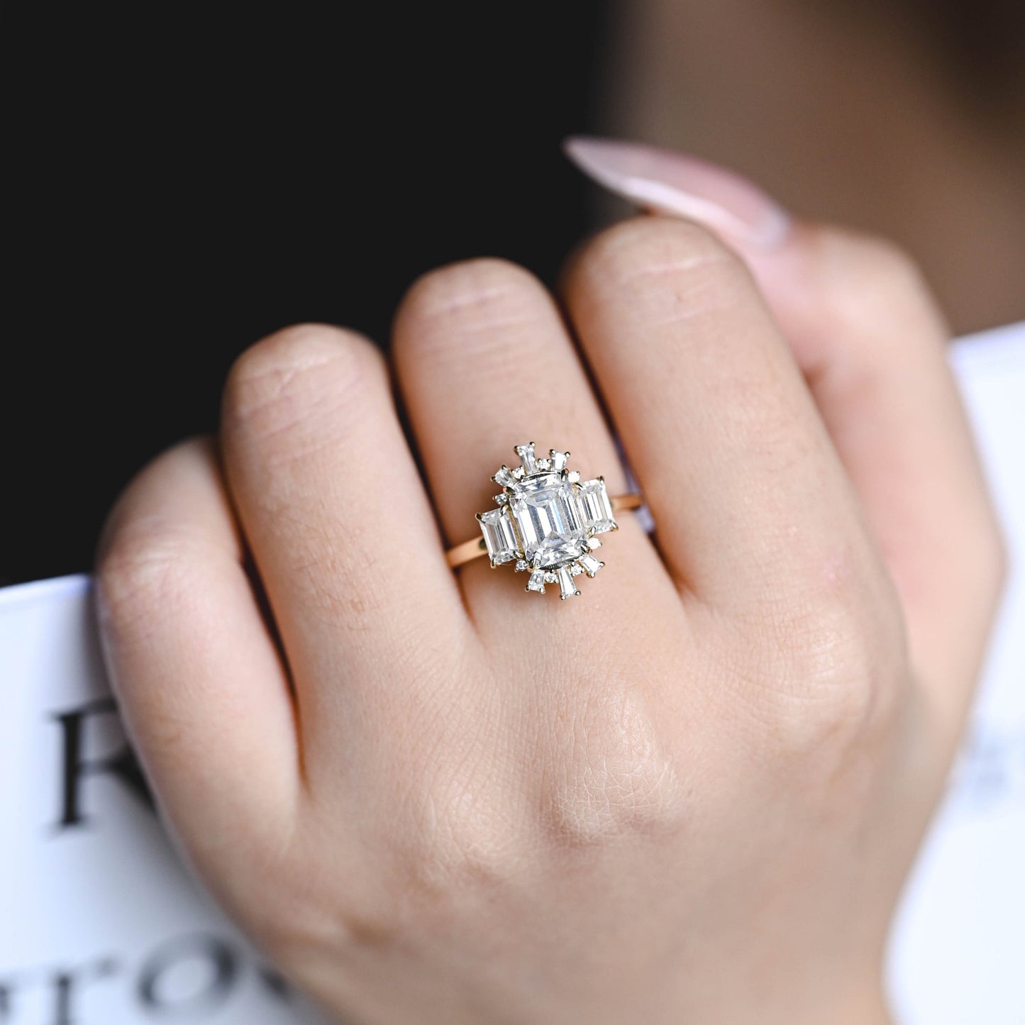 2.5 CT Emerald Cut Cluster Moissanite Engagement Ring