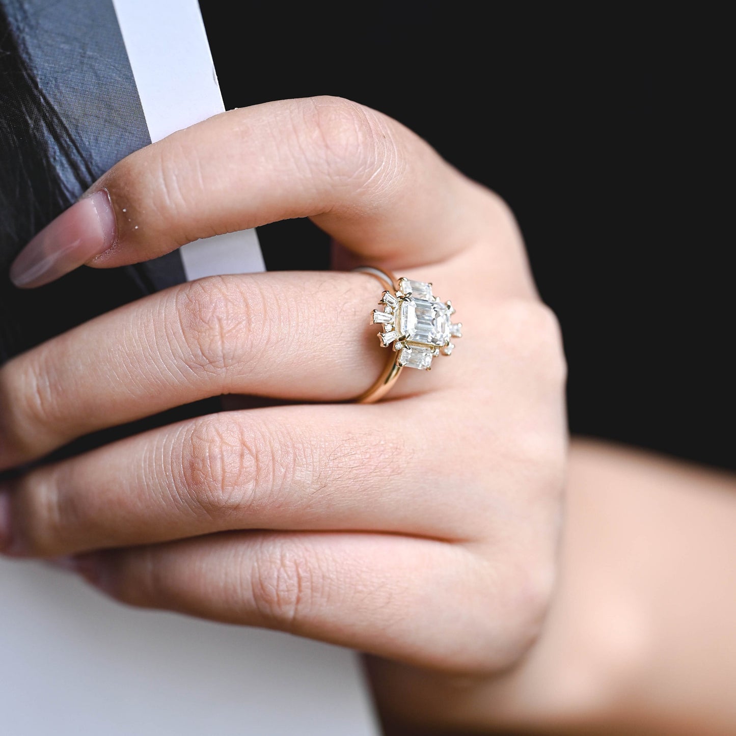 2.5 CT Emerald Cut Cluster Moissanite Engagement Ring
