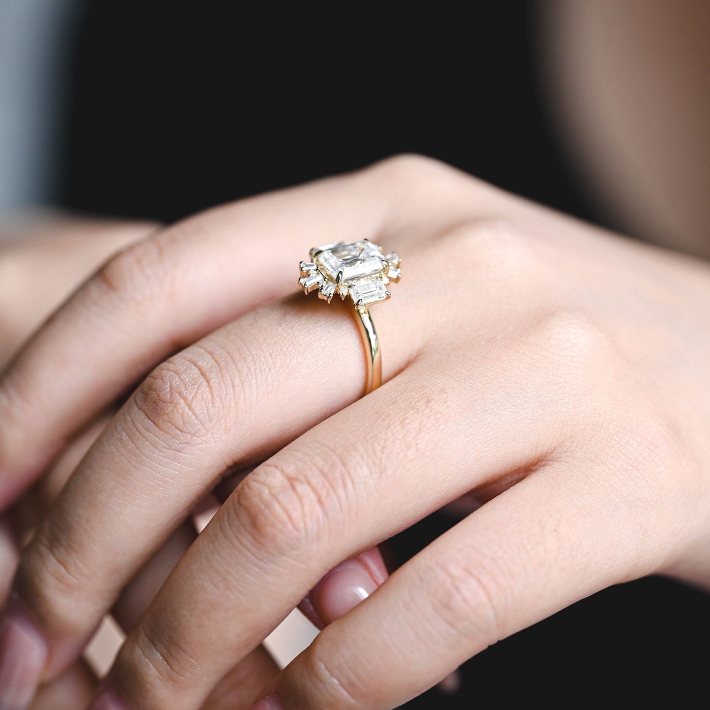 2.5 CT Emerald Cut Cluster Moissanite Engagement Ring