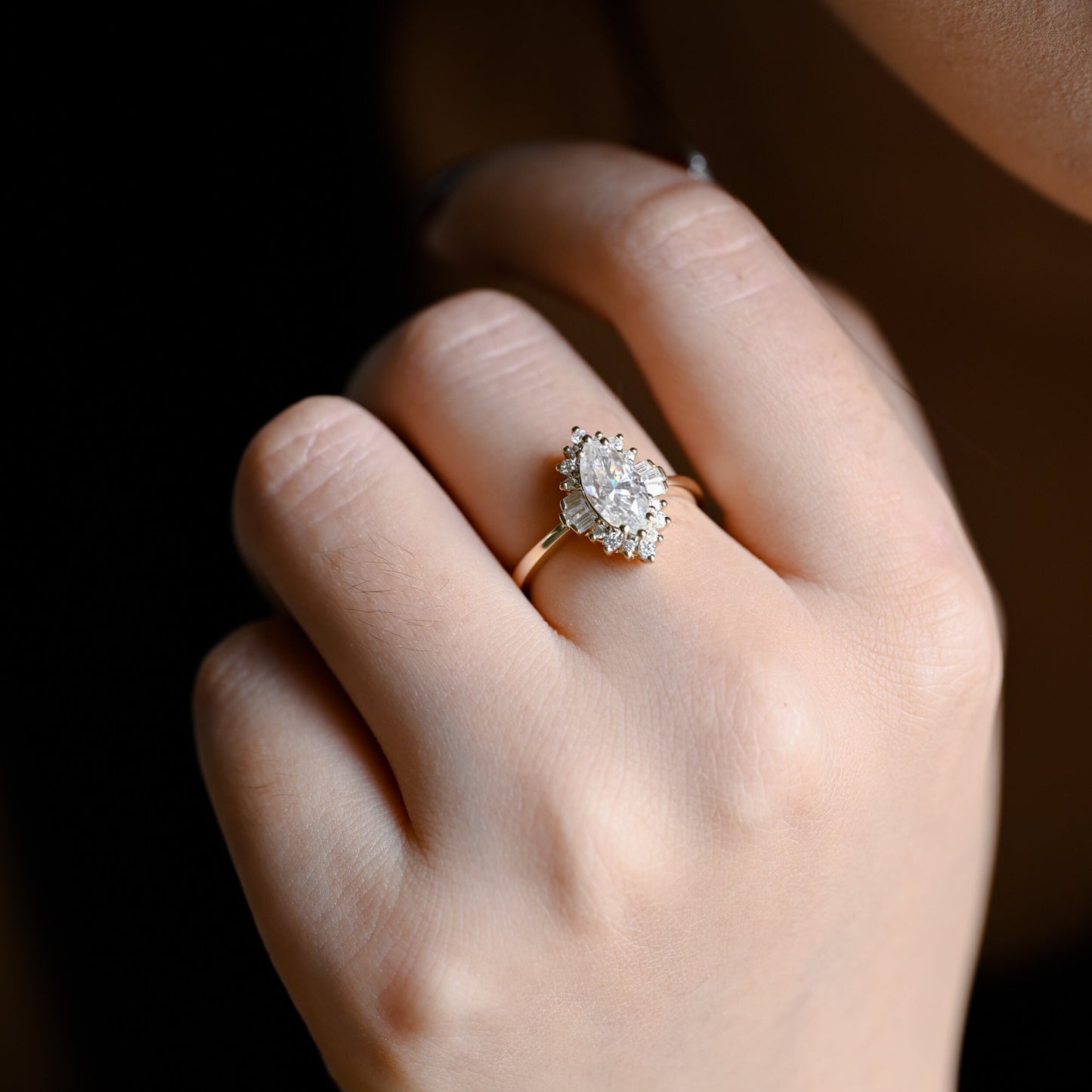 2.0 CT Marquise Cut Cluster Solitaire Moissanite Engagement Ring