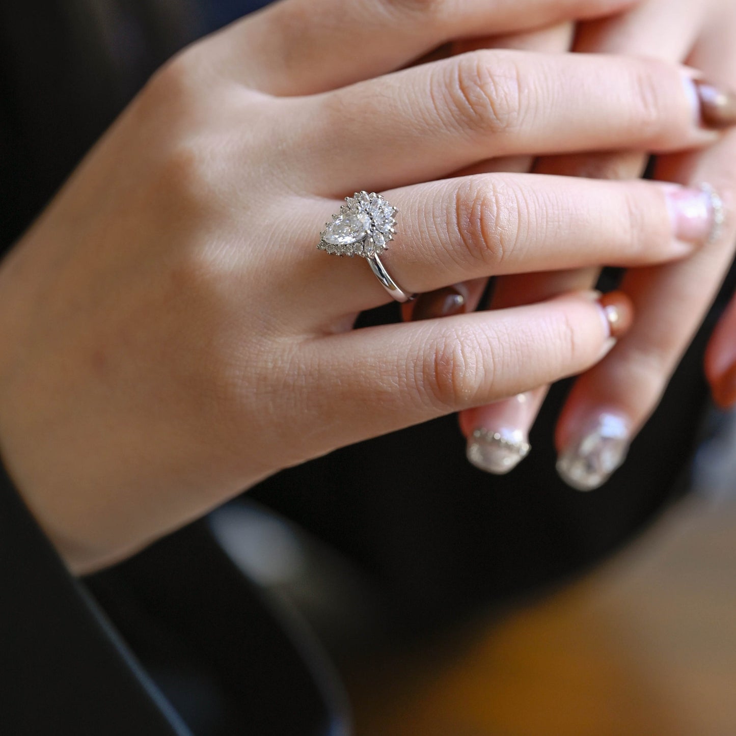 1.25 CT Pear Cut Halo Moissanite Engagement Ring