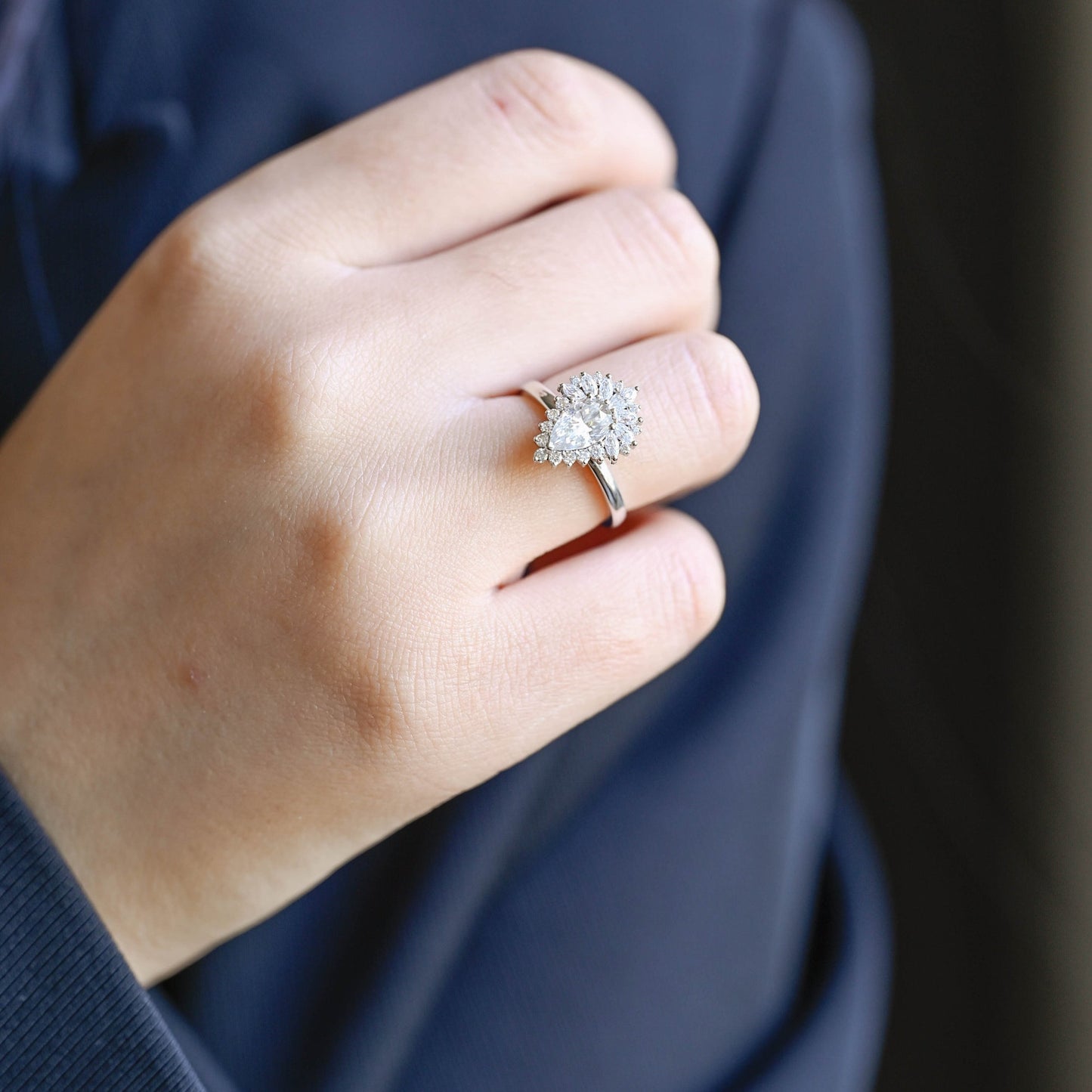 1.25 CT Pear Cut Halo Moissanite Engagement Ring