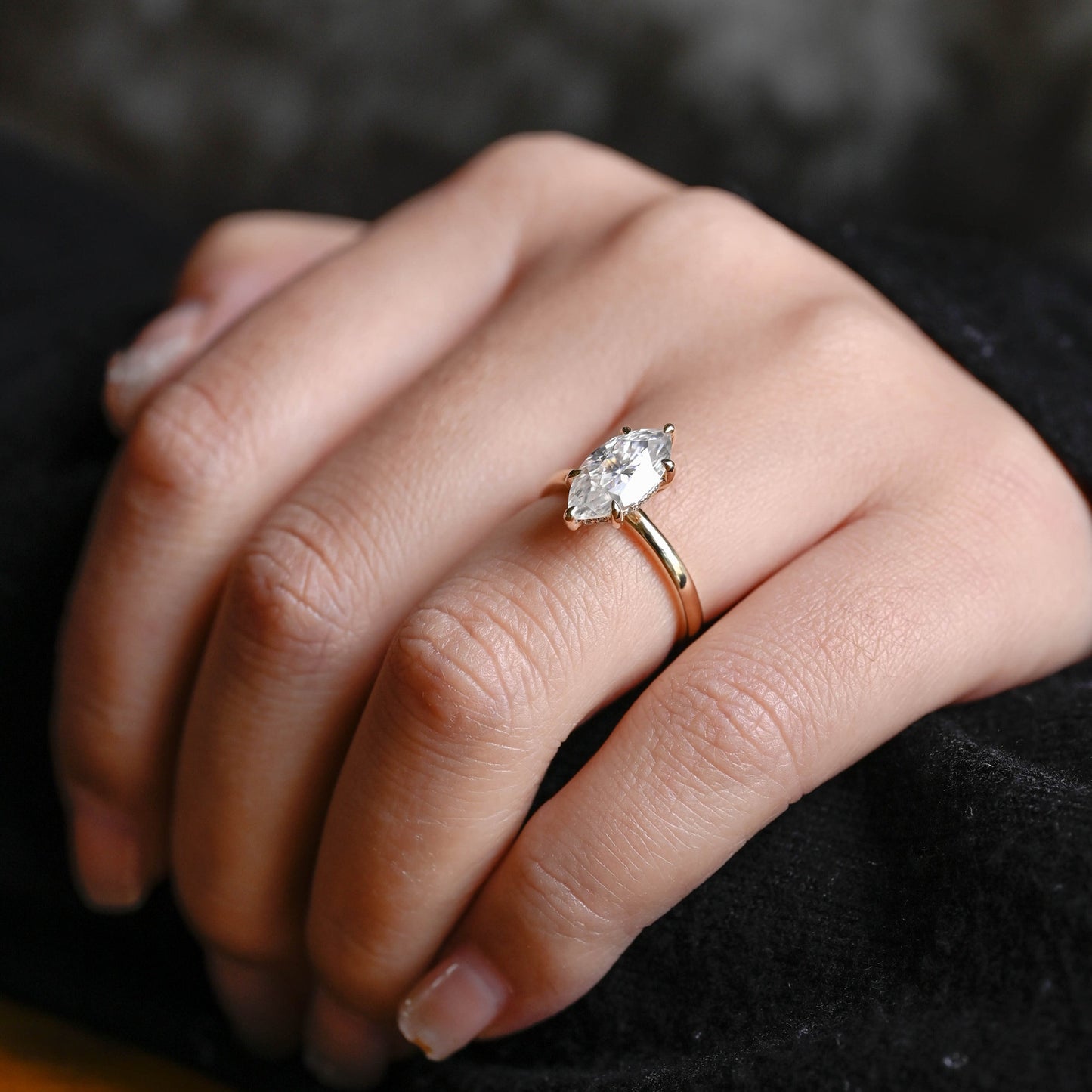 2.5 CT Marquise Cut Hidden Halo Moissanite Engagement Ring