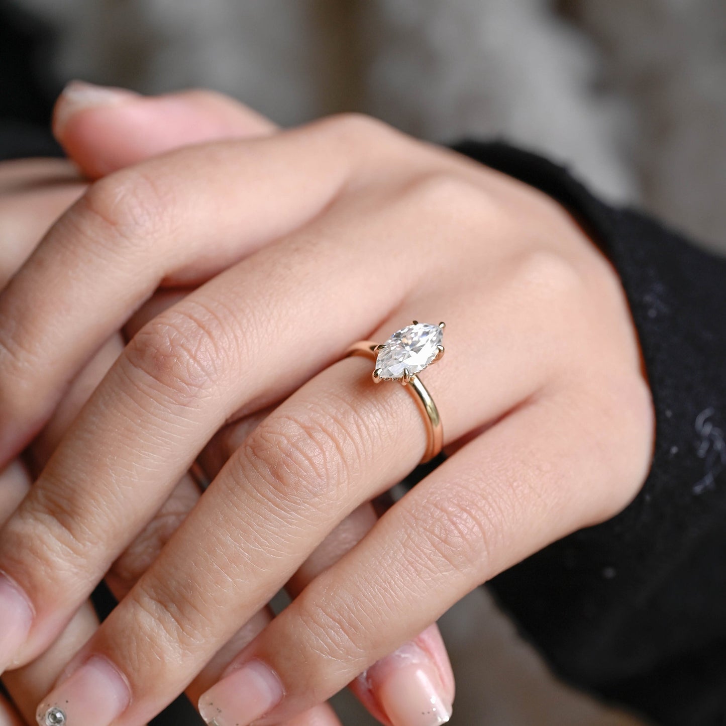 2.5 CT Marquise Cut Hidden Halo Moissanite Engagement Ring