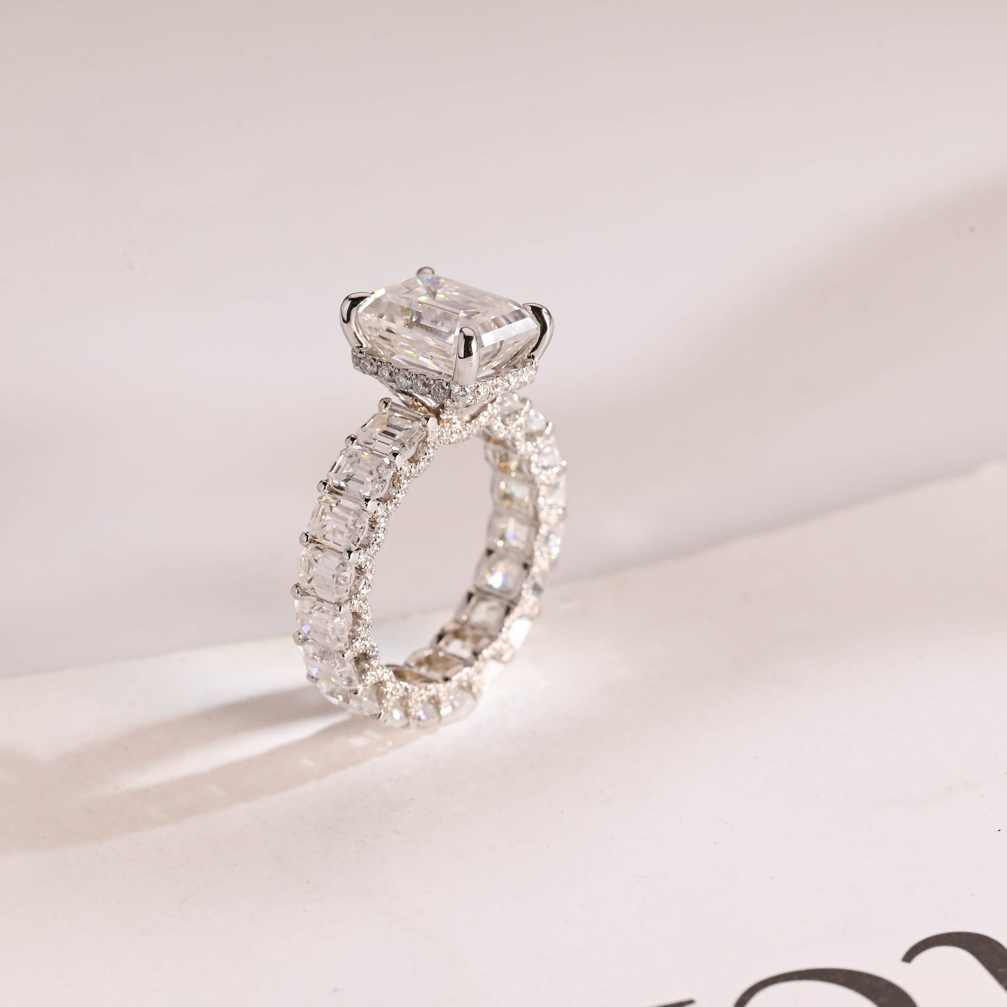 4.5 CT Emerald Cut Pave Hidden Halo Moissanite Engagement Ring