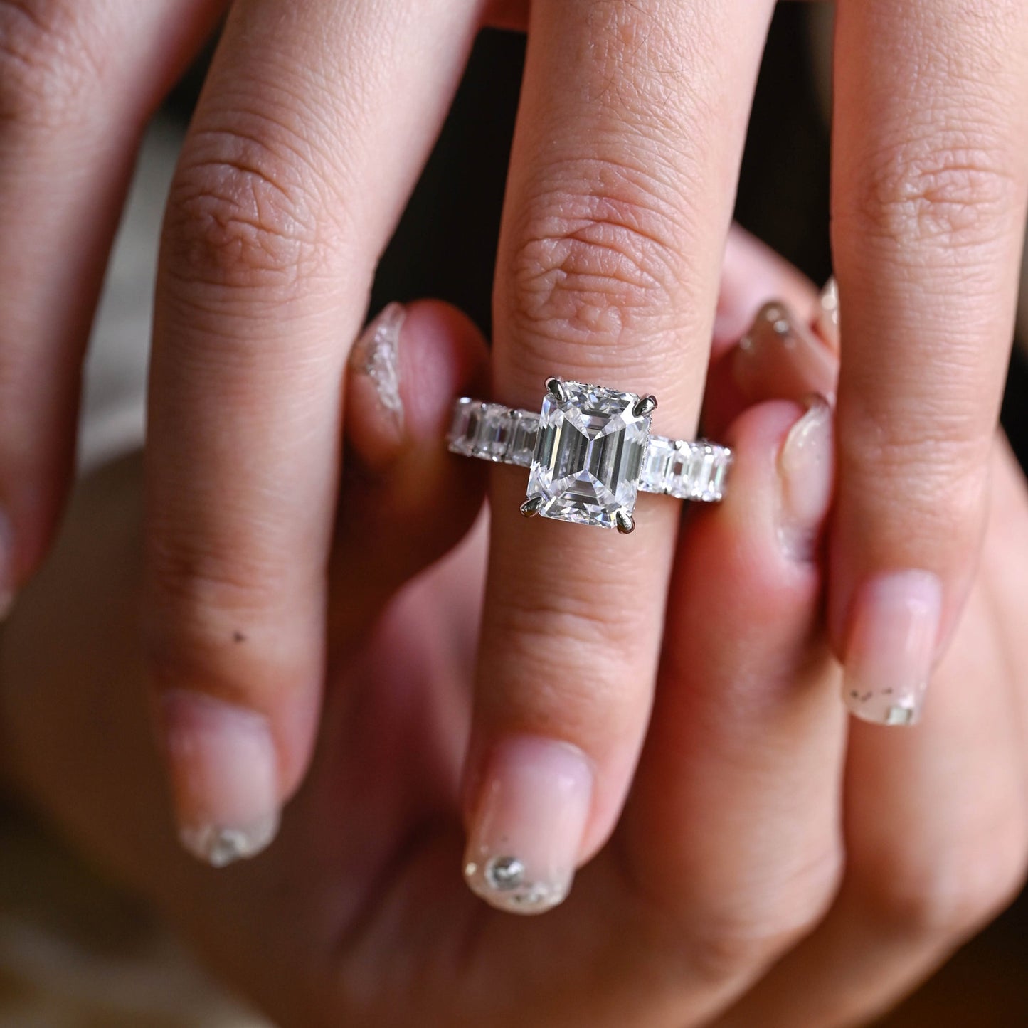 4.5 CT Emerald Cut Pave Hidden Halo Moissanite Engagement Ring