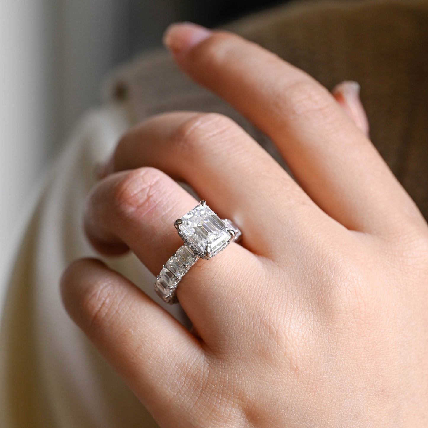 4.5 CT Emerald Cut Pave Hidden Halo Moissanite Engagement Ring