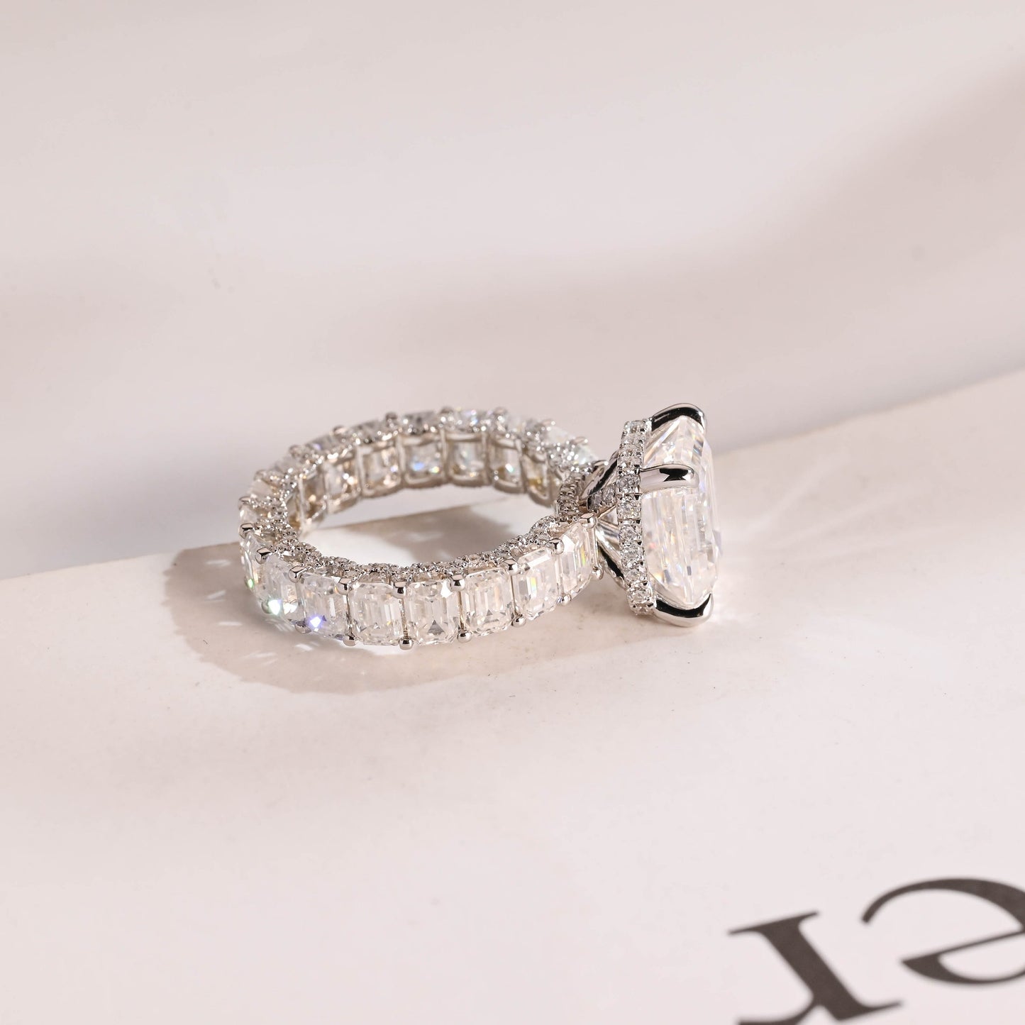 4.5 CT Emerald Cut Pave Hidden Halo Moissanite Engagement Ring