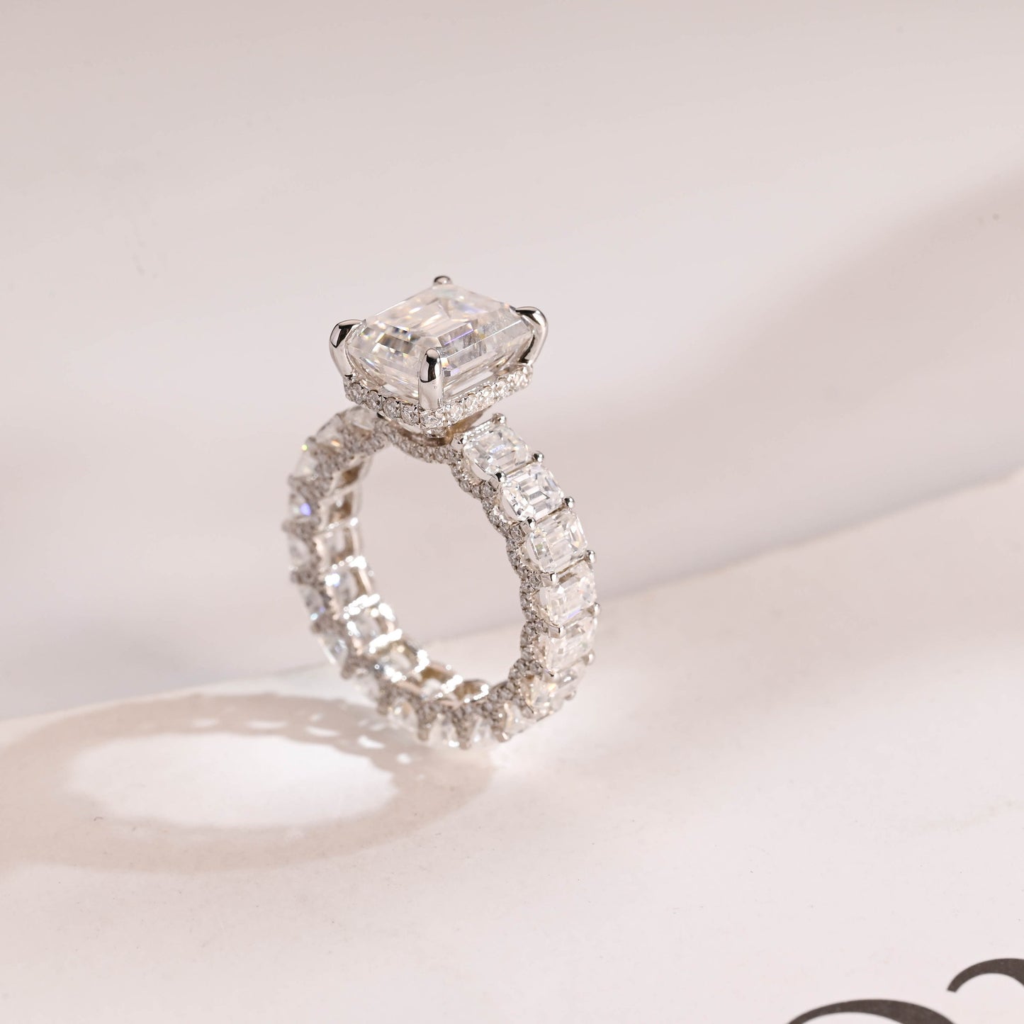 4.5 CT Emerald Cut Pave Hidden Halo Moissanite Engagement Ring