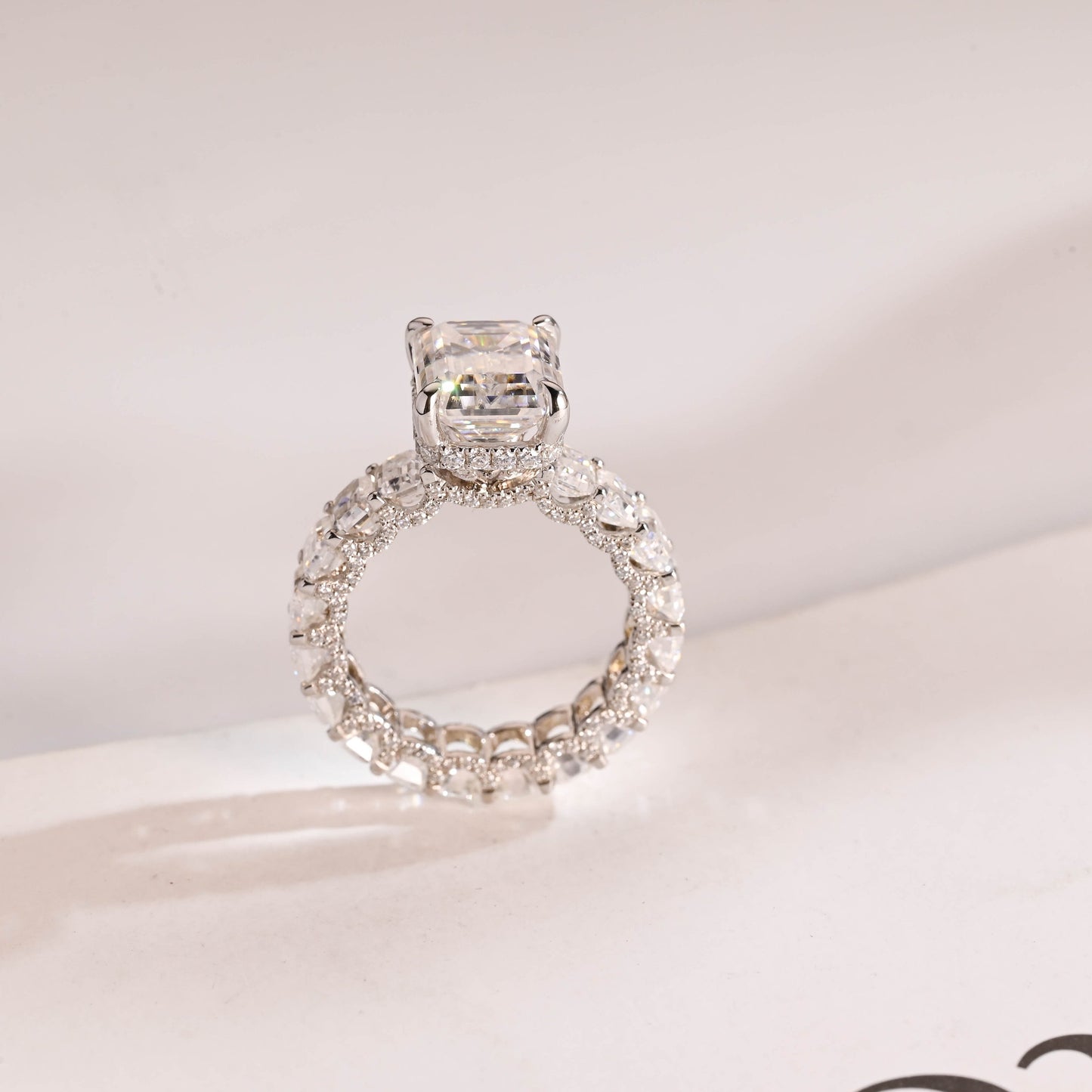 4.5 CT Emerald Cut Pave Hidden Halo Moissanite Engagement Ring