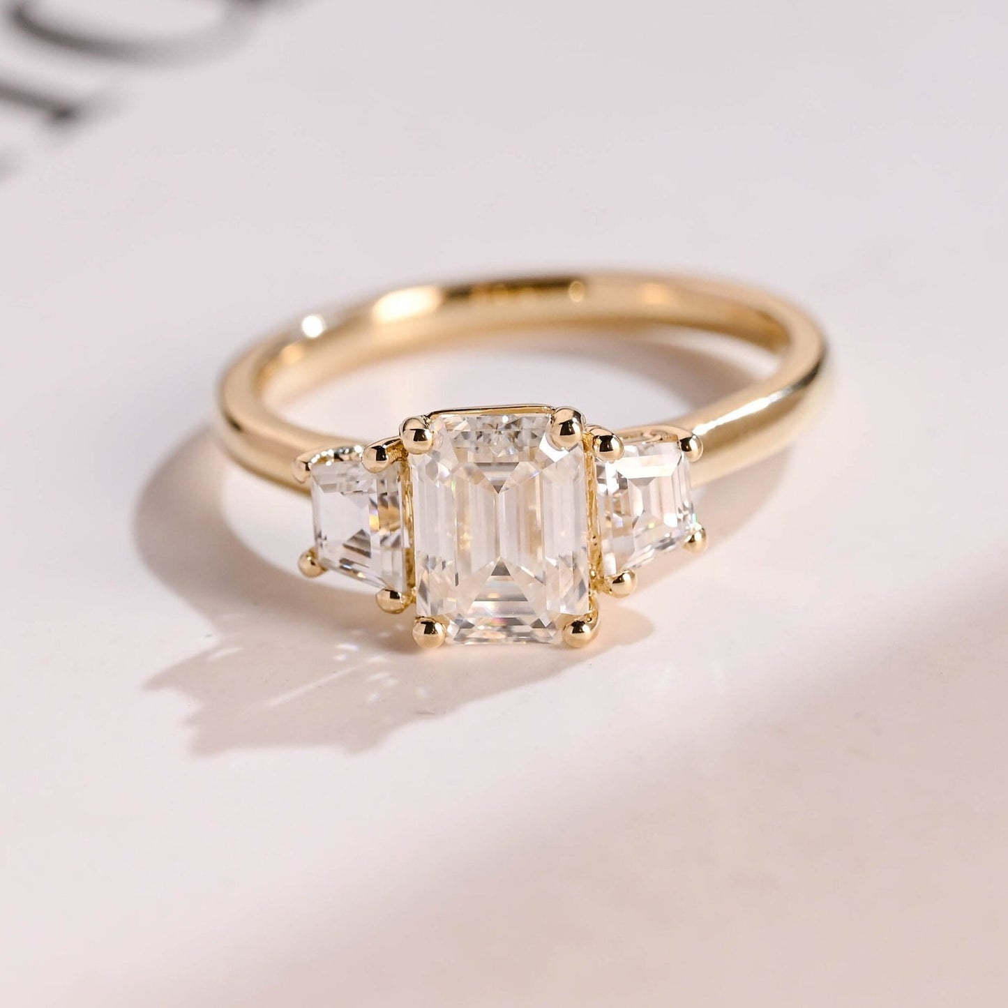2.5 CT Emerald Cut Three Stone Moissanite Engagement Ring