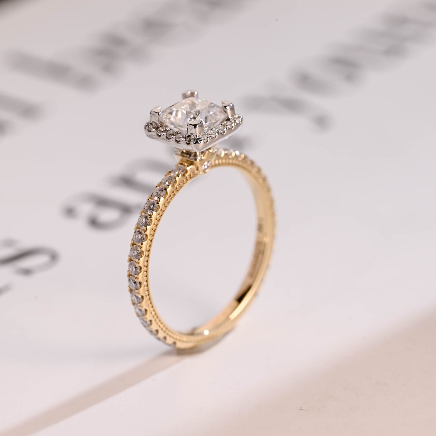 1.5 CT Princess Cut Halo Moissanite Engagement Ring