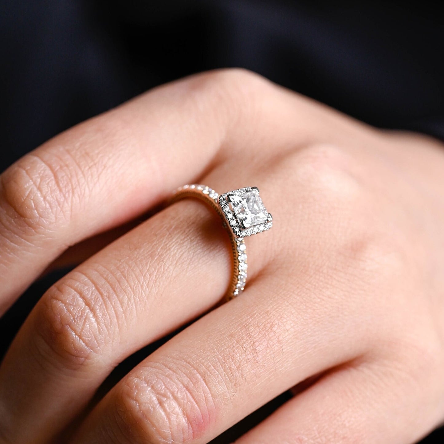 1.5 CT Princess Cut Halo Moissanite Engagement Ring