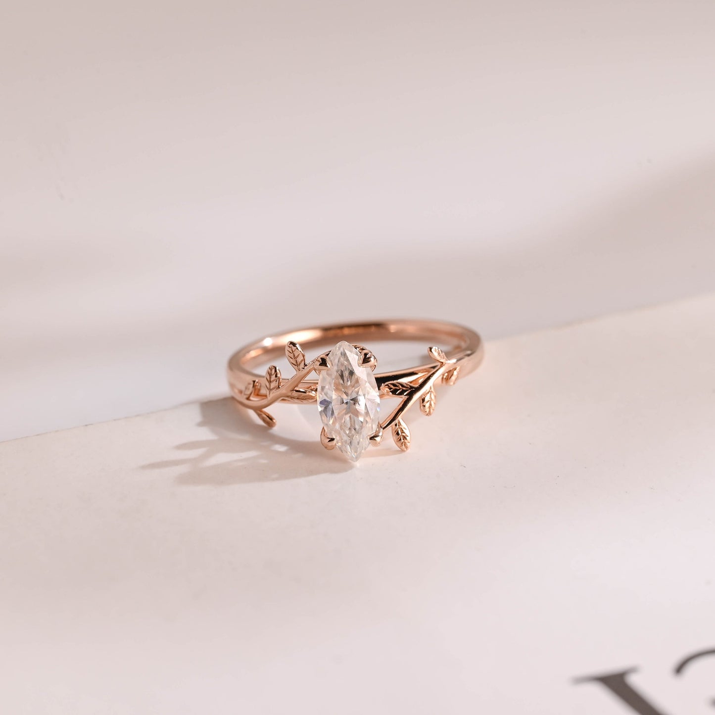 0.8 CT Marquise Cut Leaf Moissanite Engagement Ring