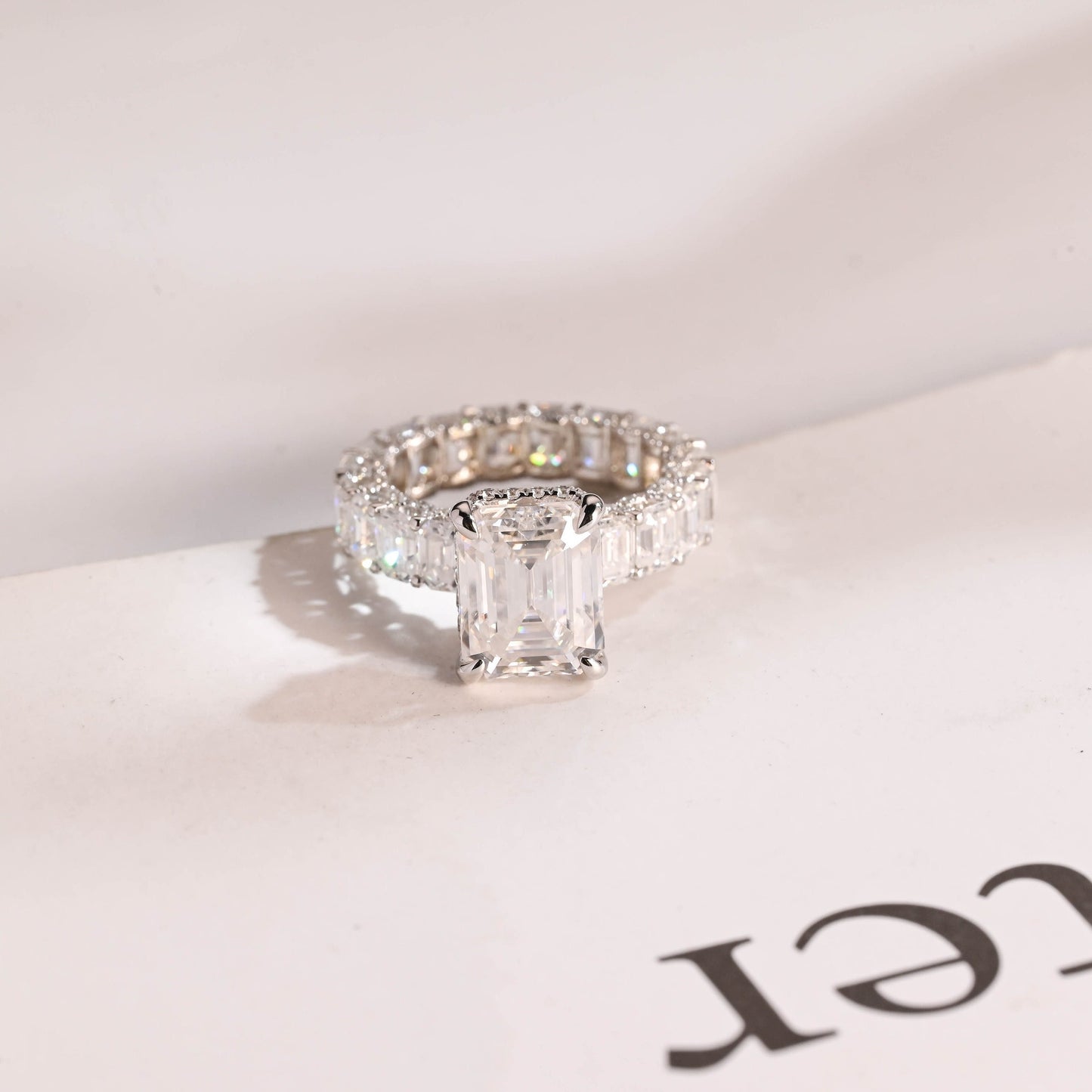 4.5 CT Emerald Cut Pave Hidden Halo Moissanite Engagement Ring
