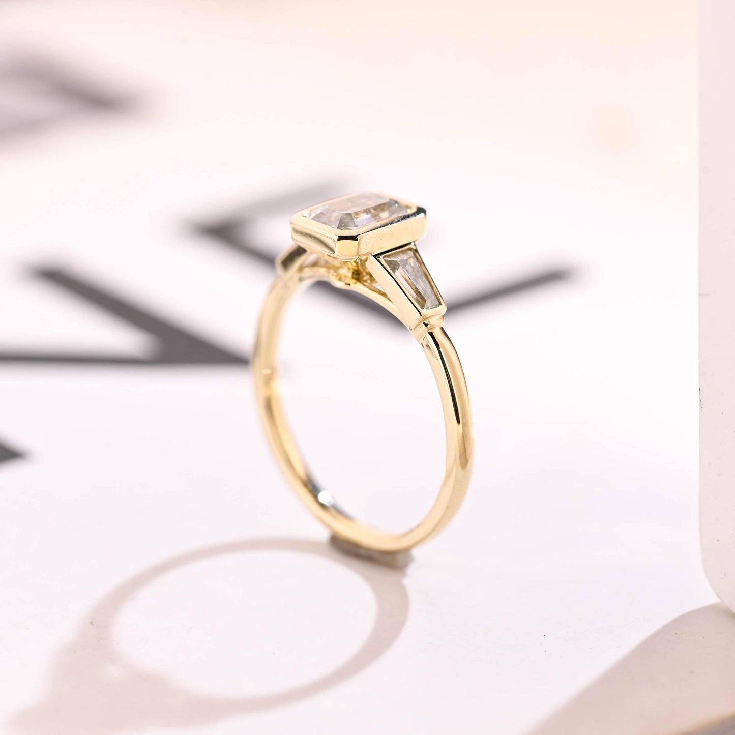 2.0 CT Emerald Cut Three Stone Moissanite Engagement Ring