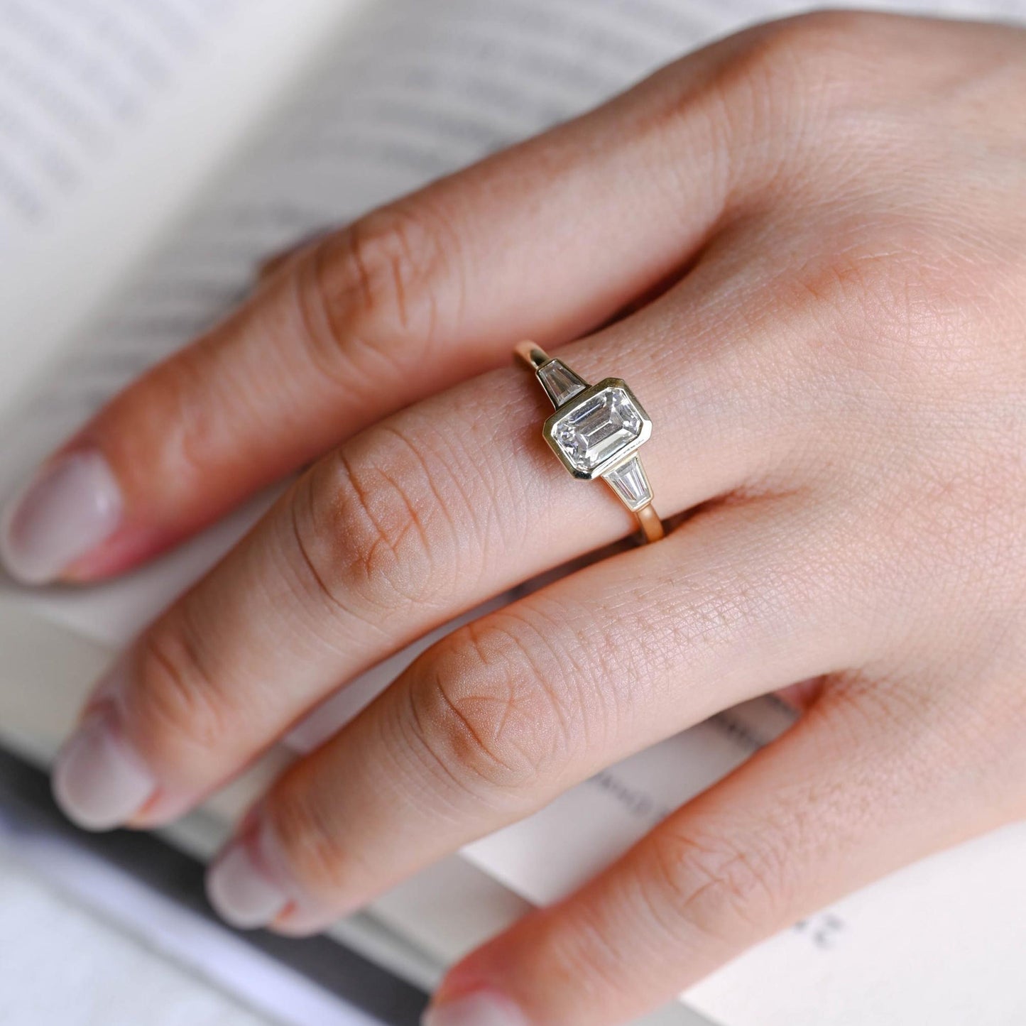 2.0 CT Emerald Cut Three Stone Moissanite Engagement Ring