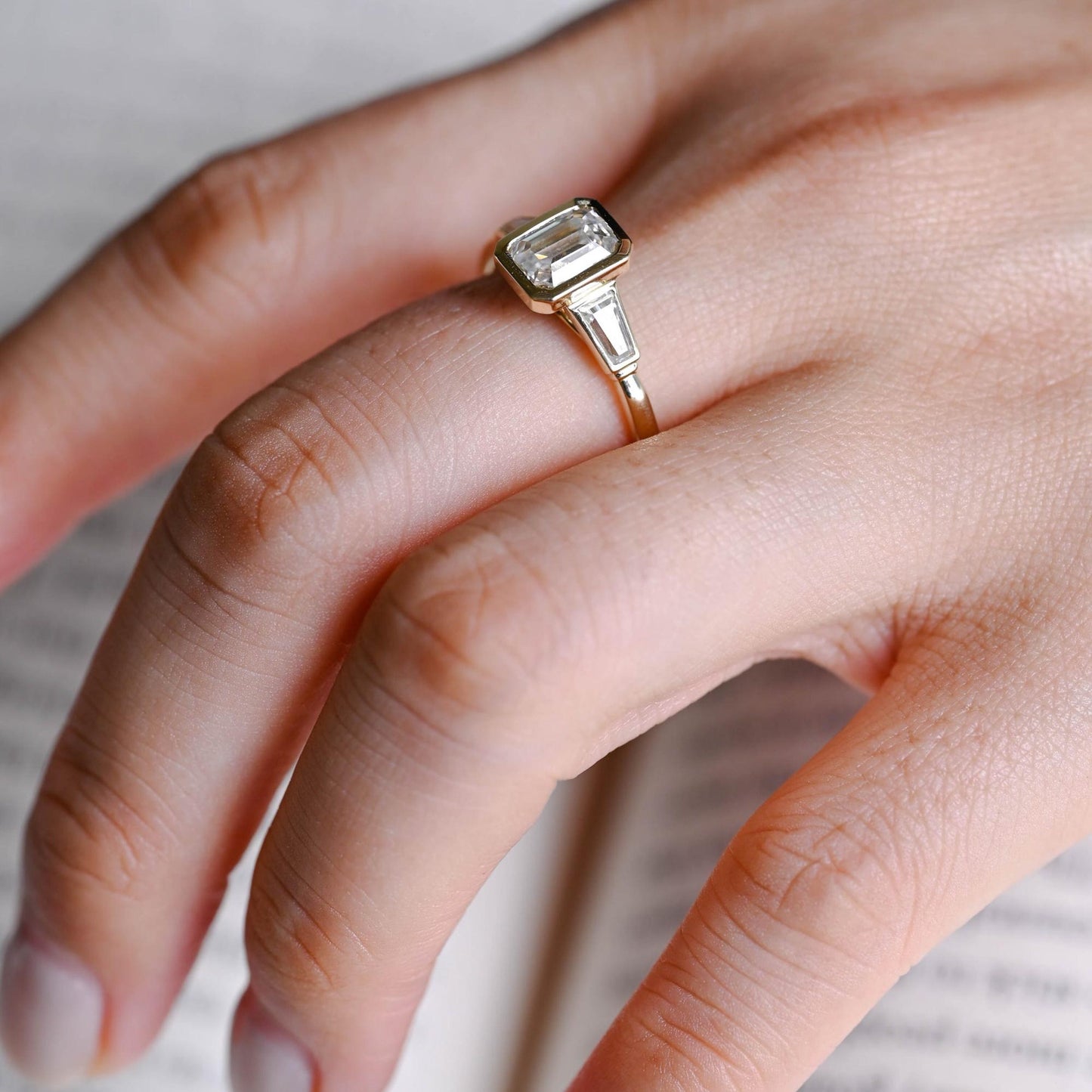 2.0 CT Emerald Cut Three Stone Moissanite Engagement Ring