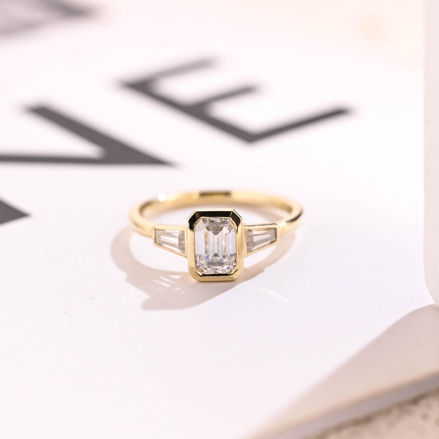 2.0 CT Emerald Cut Three Stone Moissanite Engagement Ring