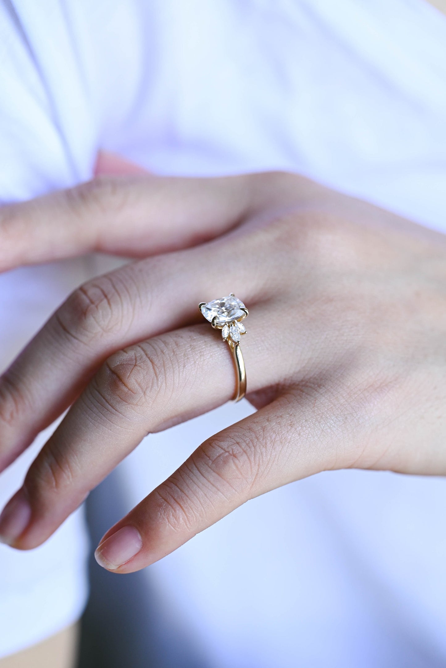 3.0 CT Elongated Cushion Cut Cluster Moissanite Engagement Ring