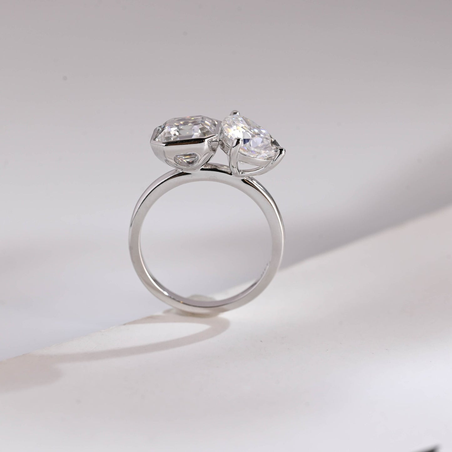 2.0 CT Asscher & Pear Cut Two Stone Moissanite Engagement Ring