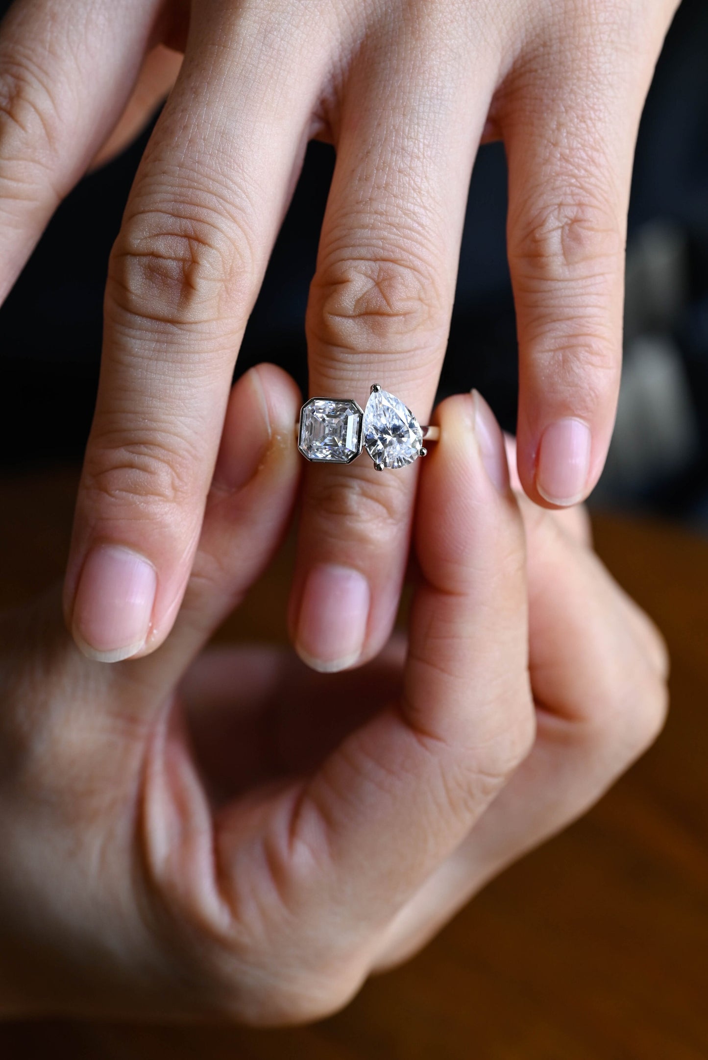 2.0 CT Asscher & Pear Cut Two Stone Moissanite Engagement Ring