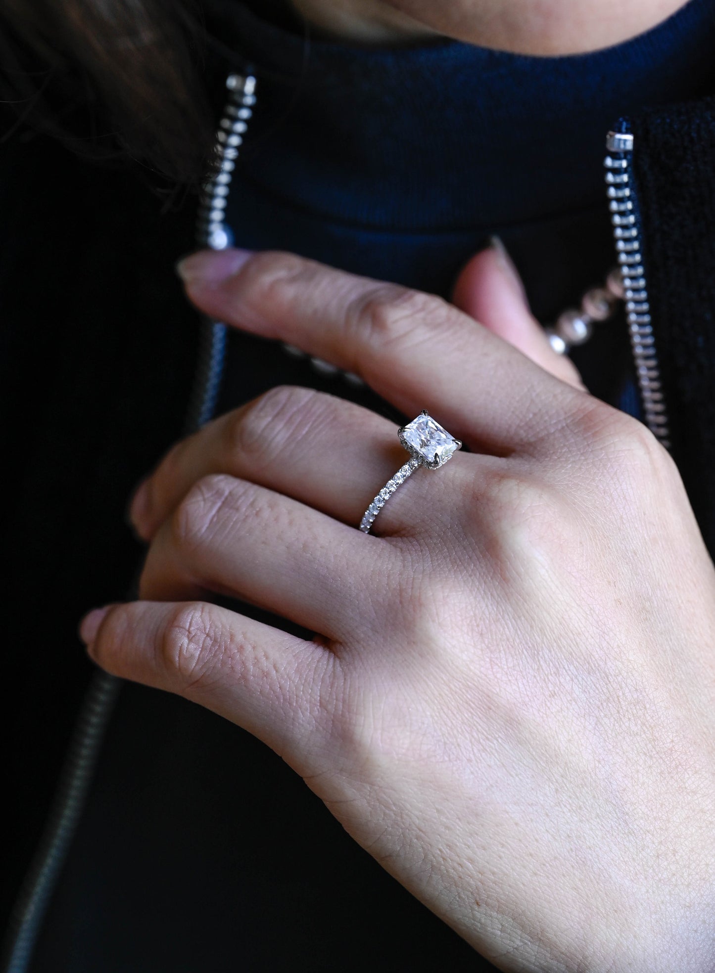 1.5 CT Radiant Cut Hidden Halo Moissanite Engagement Ring