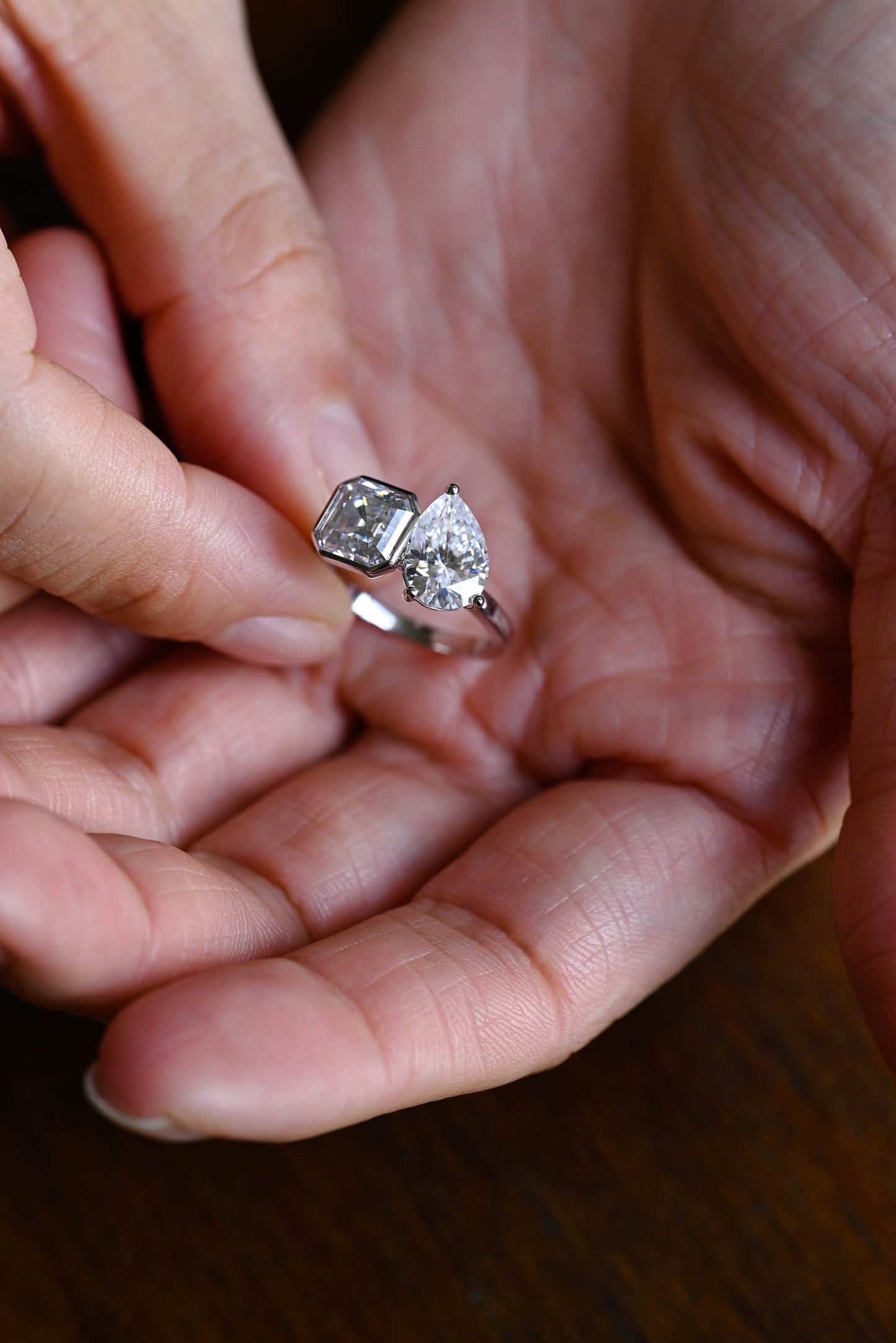 2.0 CT Asscher & Pear Cut Two Stone Moissanite Engagement Ring