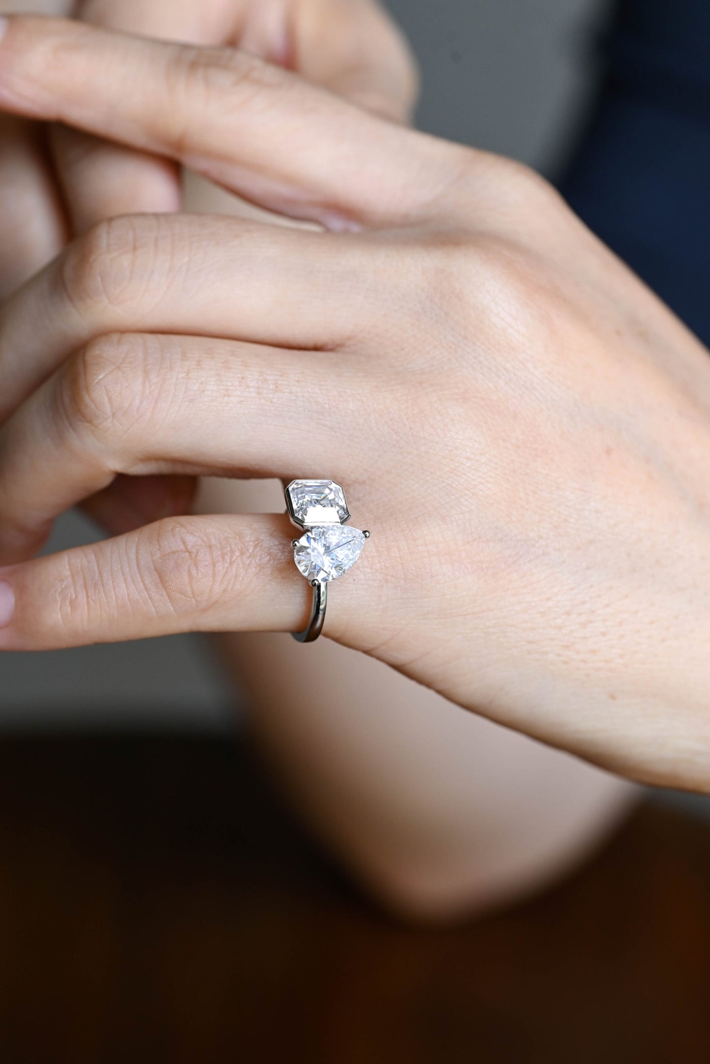 2.0 CT Asscher & Pear Cut Two Stone Moissanite Engagement Ring