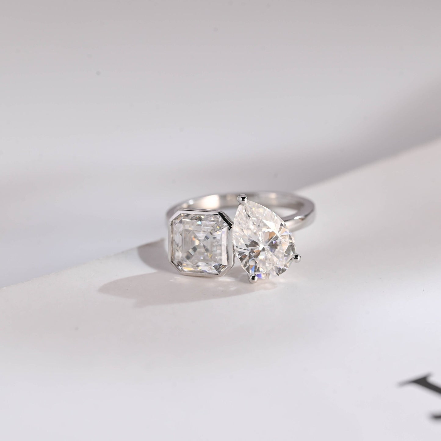 2.0 CT Asscher & Pear Cut Two Stone Moissanite Engagement Ring