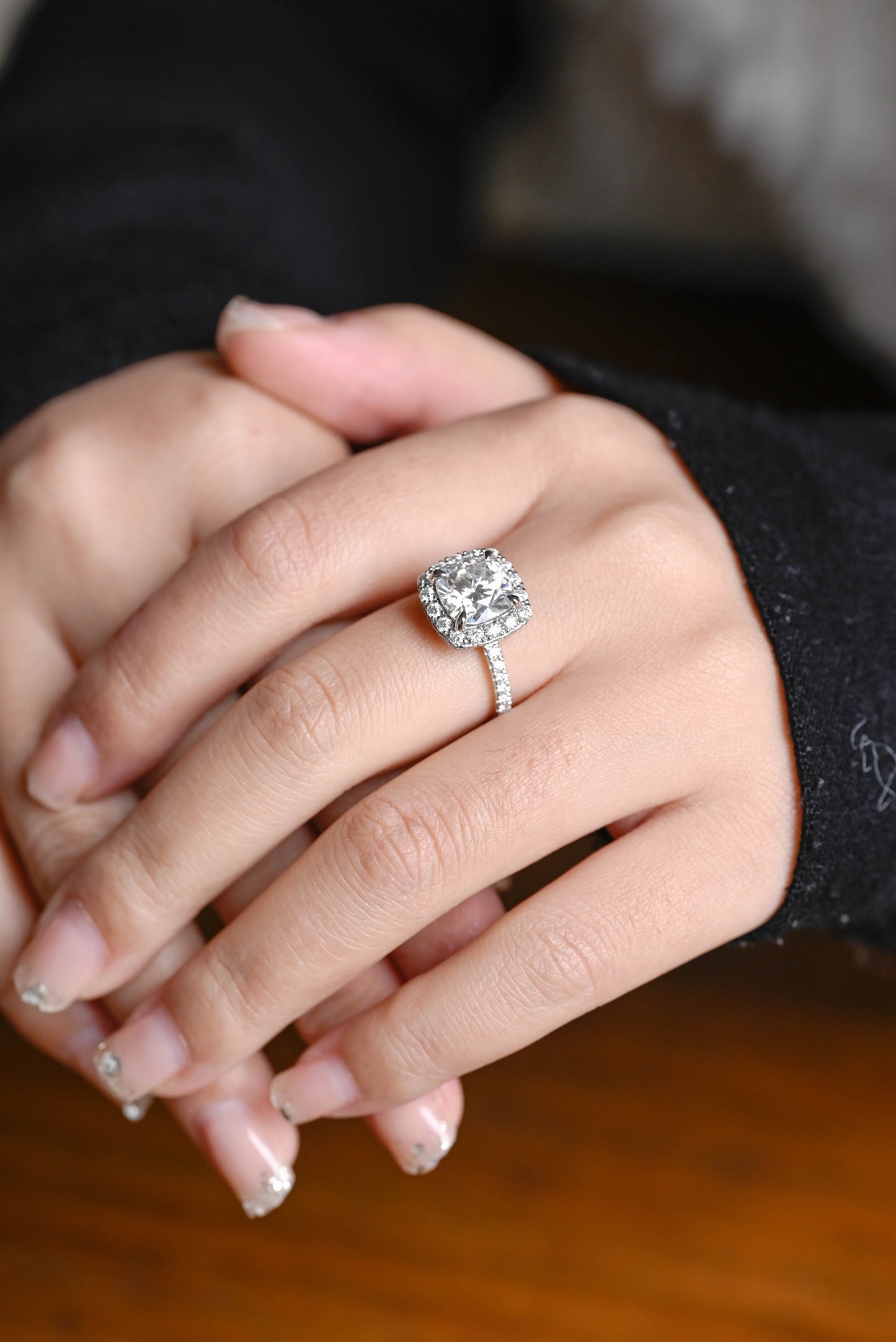 1.0 CT Cushion Cut Halo Moissanite Engagement Ring
