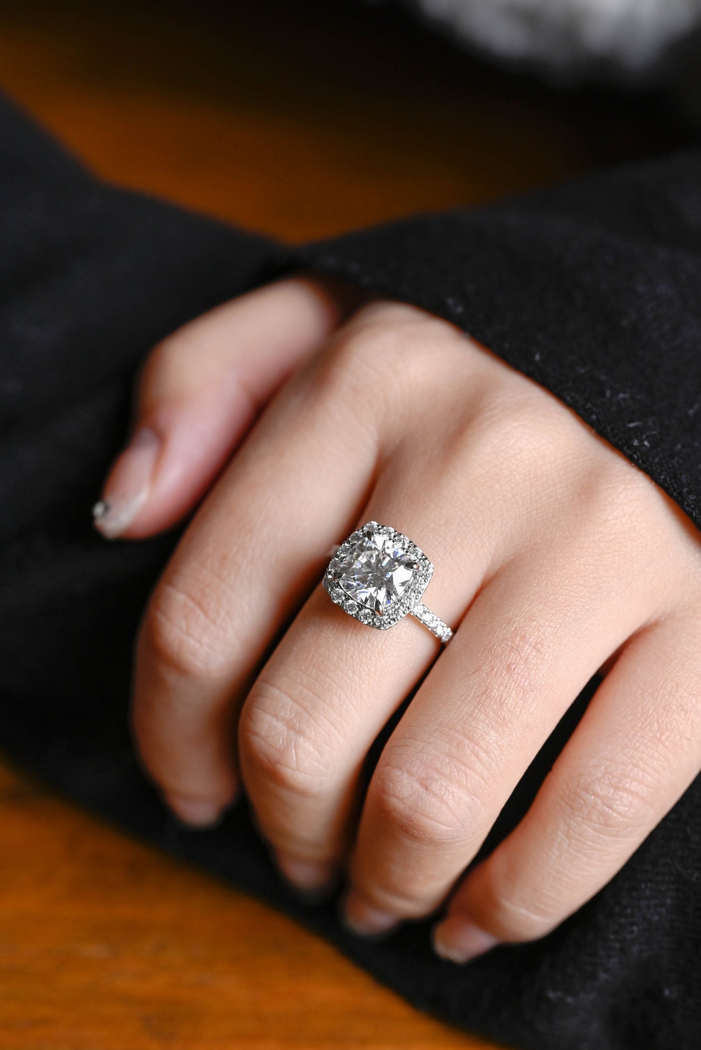 1.0 CT Cushion Cut Halo Moissanite Engagement Ring