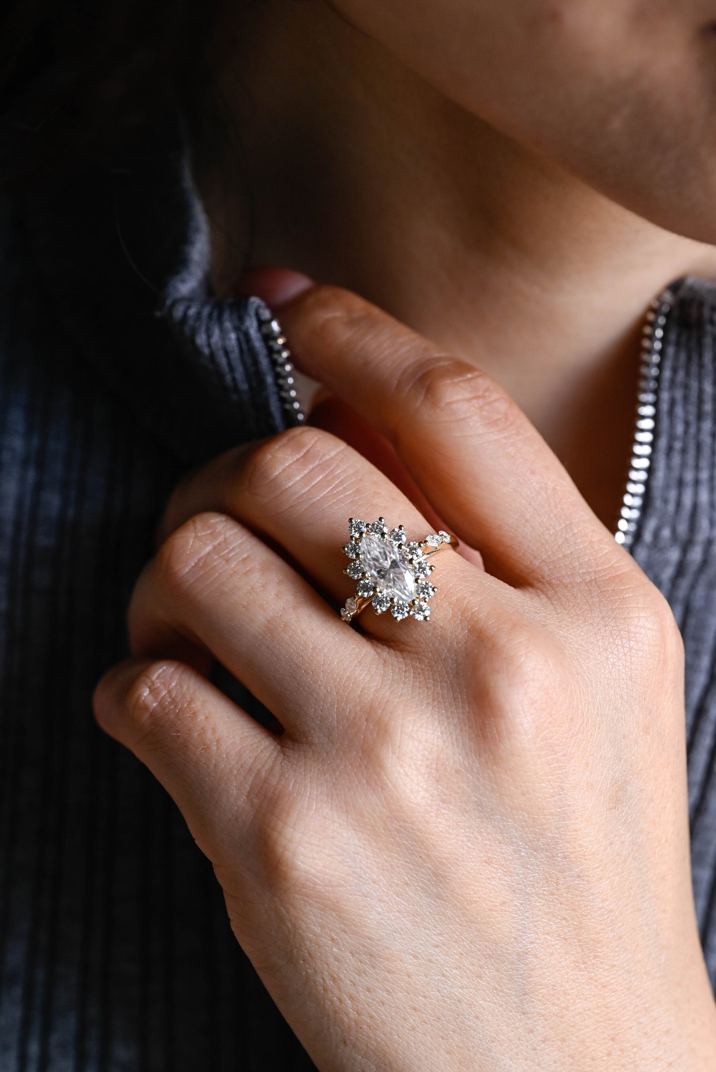 1.0 CT Marquise Cut Halo Moissanite Engagement Ring