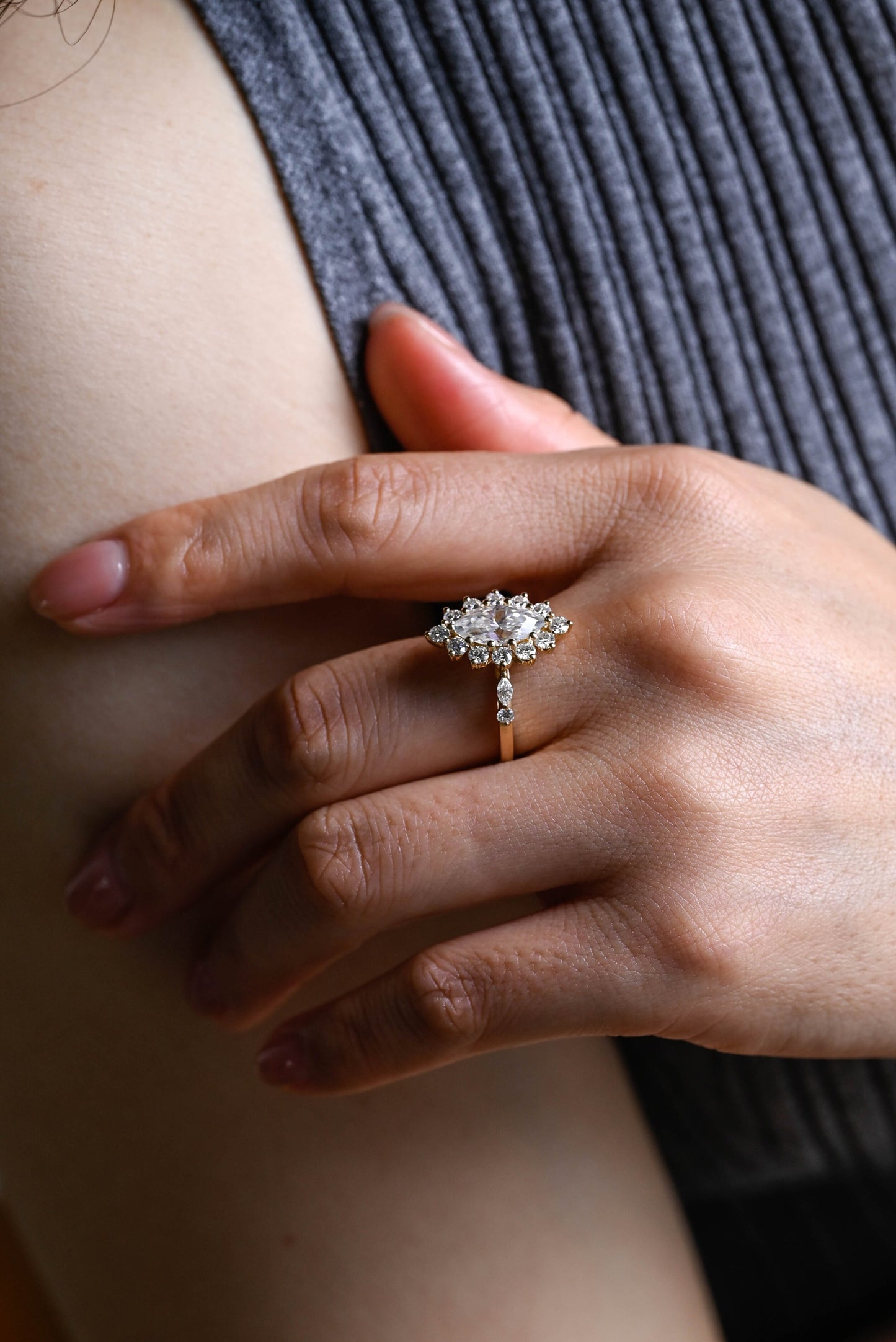 1.0 CT Marquise Cut Halo Moissanite Engagement Ring