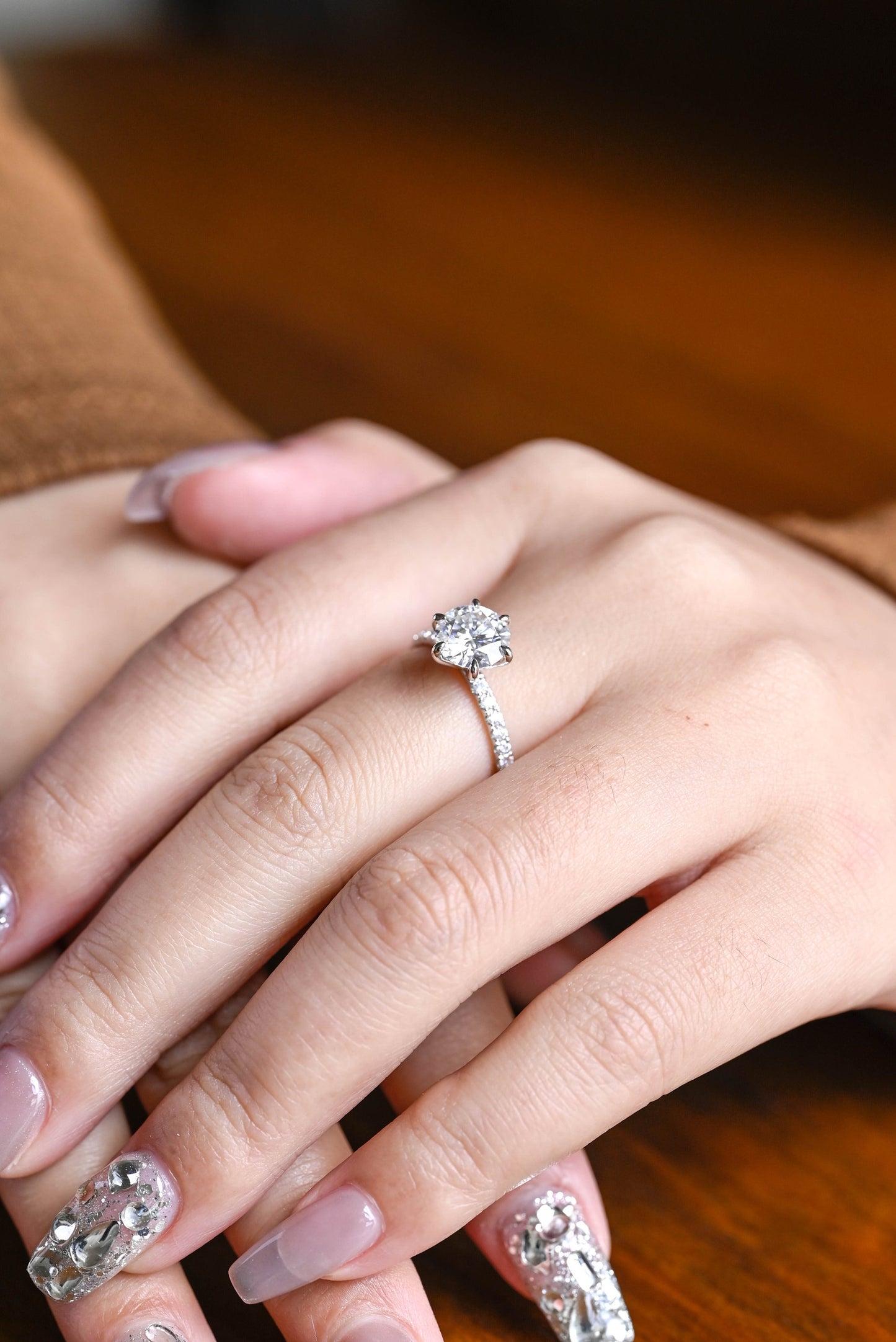 1.5 CT Round Cut Half Pave Moissanite Engagement Ring