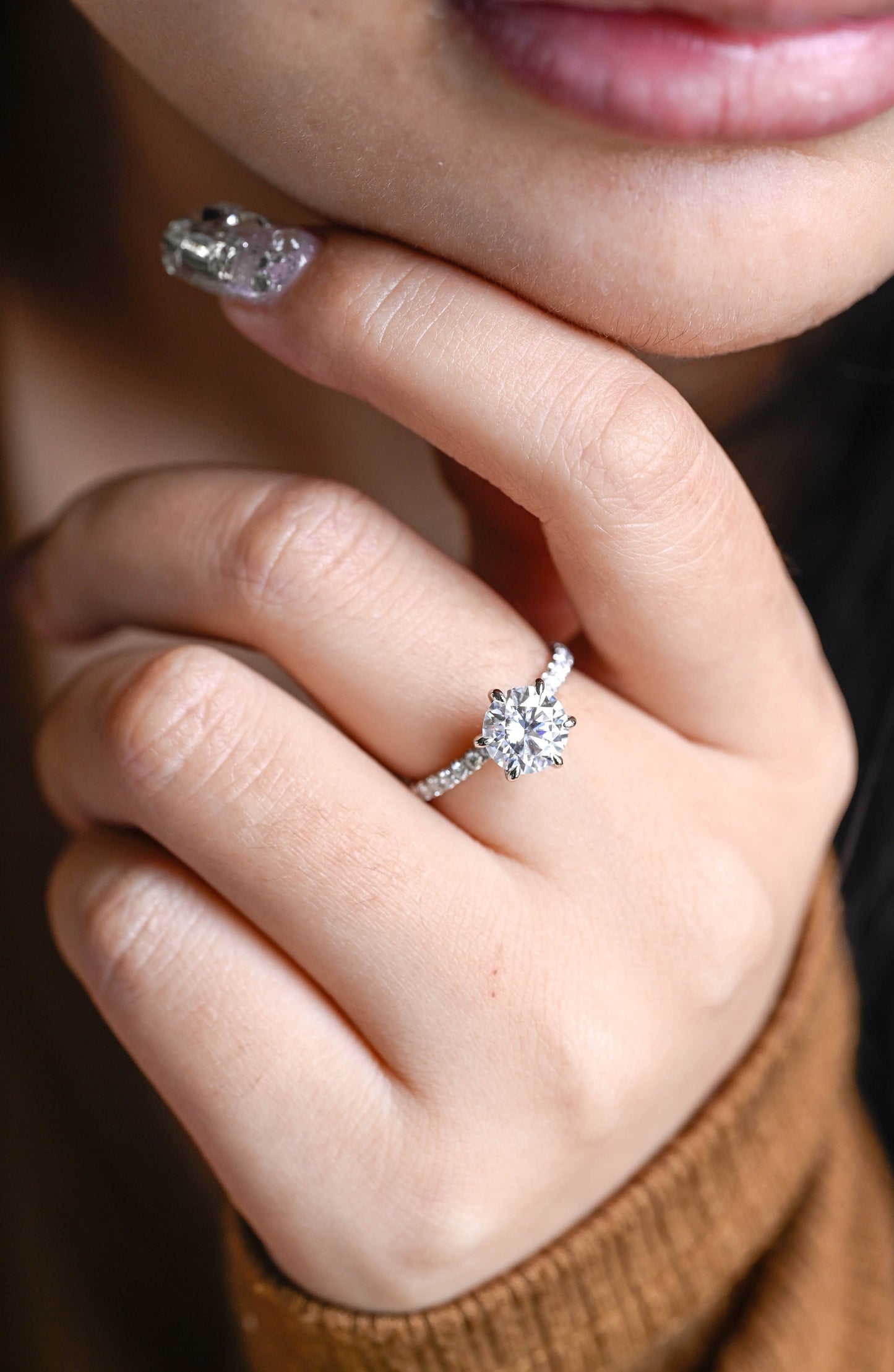 1.5 CT Round Cut Half Pave Moissanite Engagement Ring