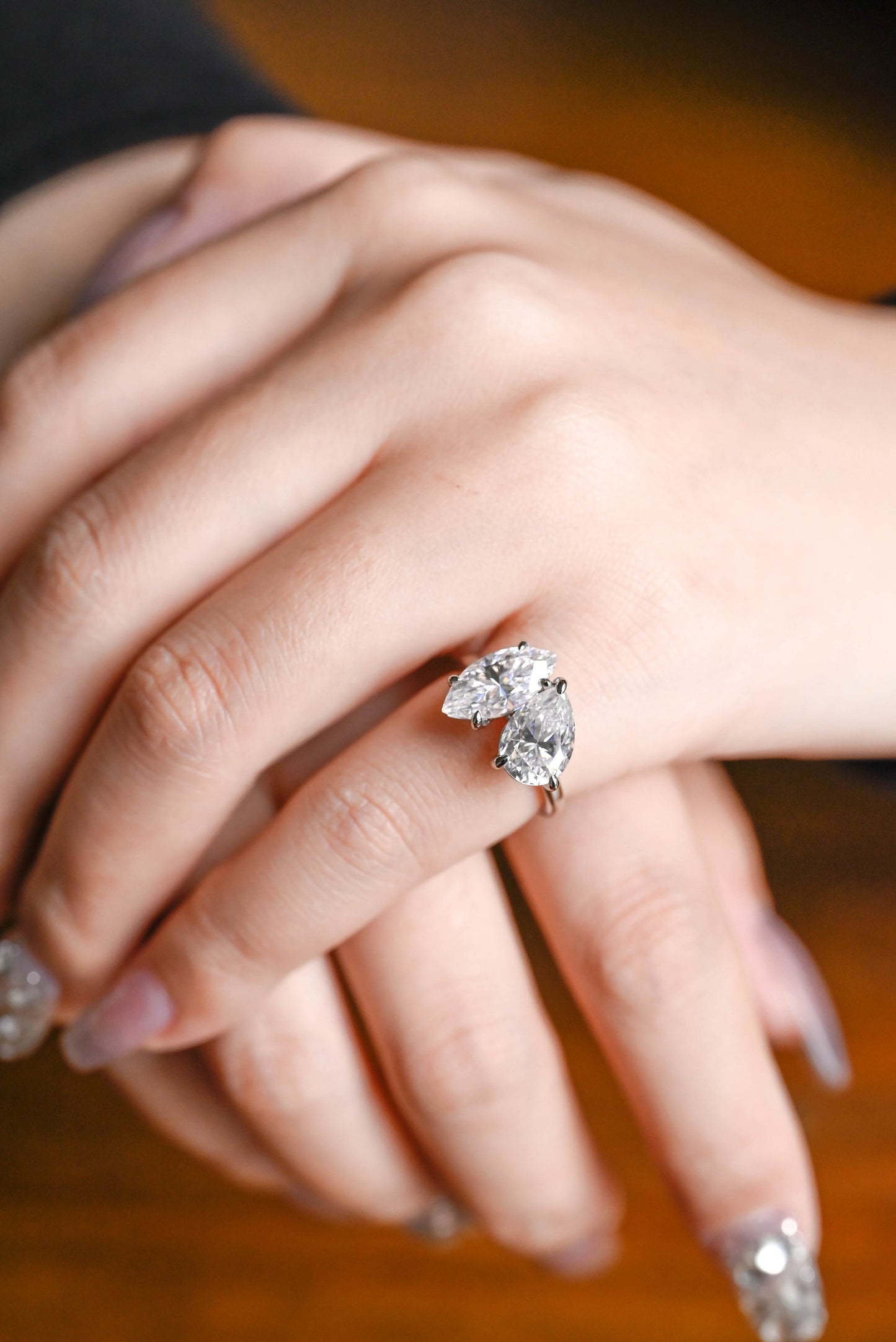 2.0 CT Marquise & Pear Cut Two Stone Moissanite Engagement Ring