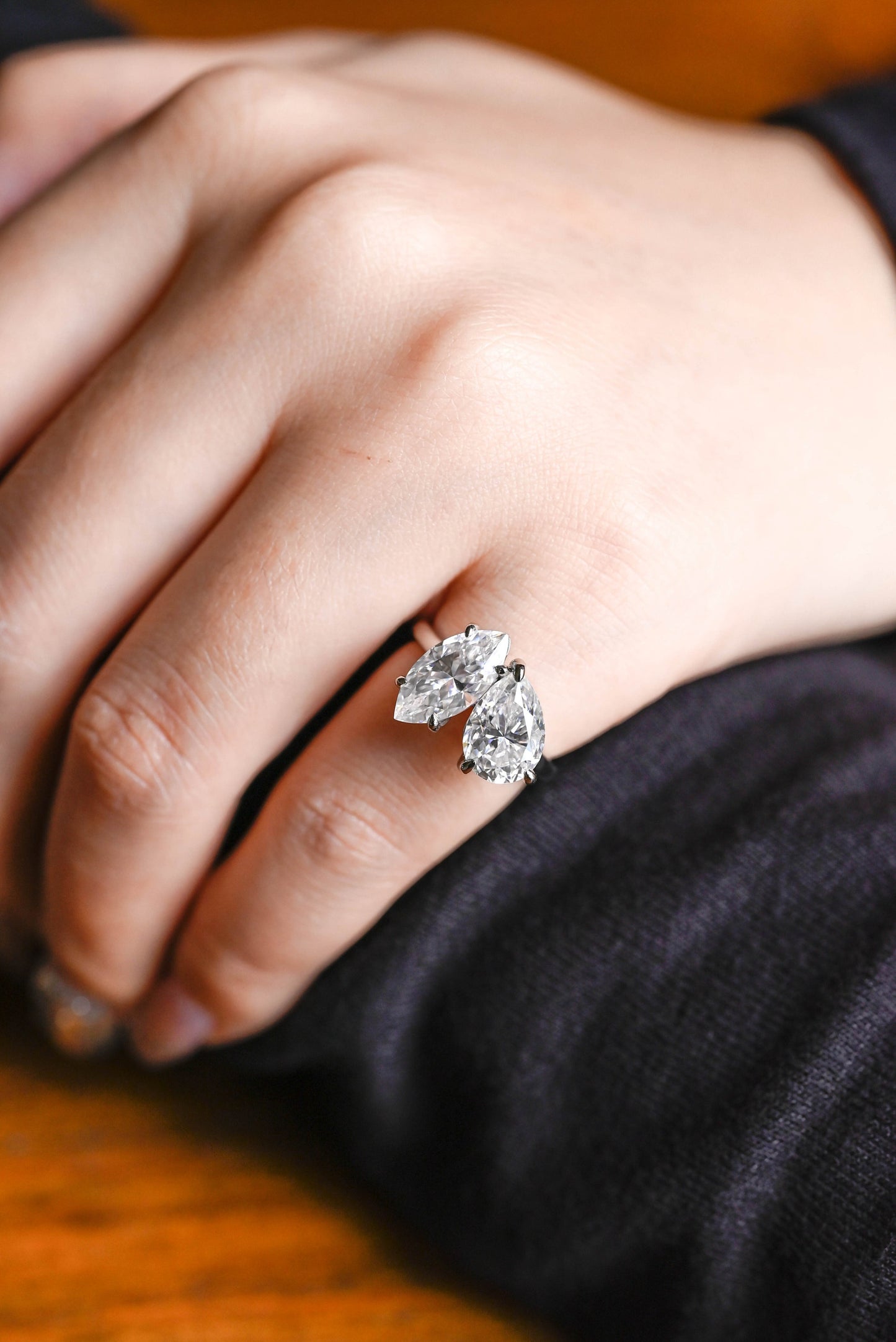 2.0 CT Marquise & Pear Cut Two Stone Moissanite Engagement Ring