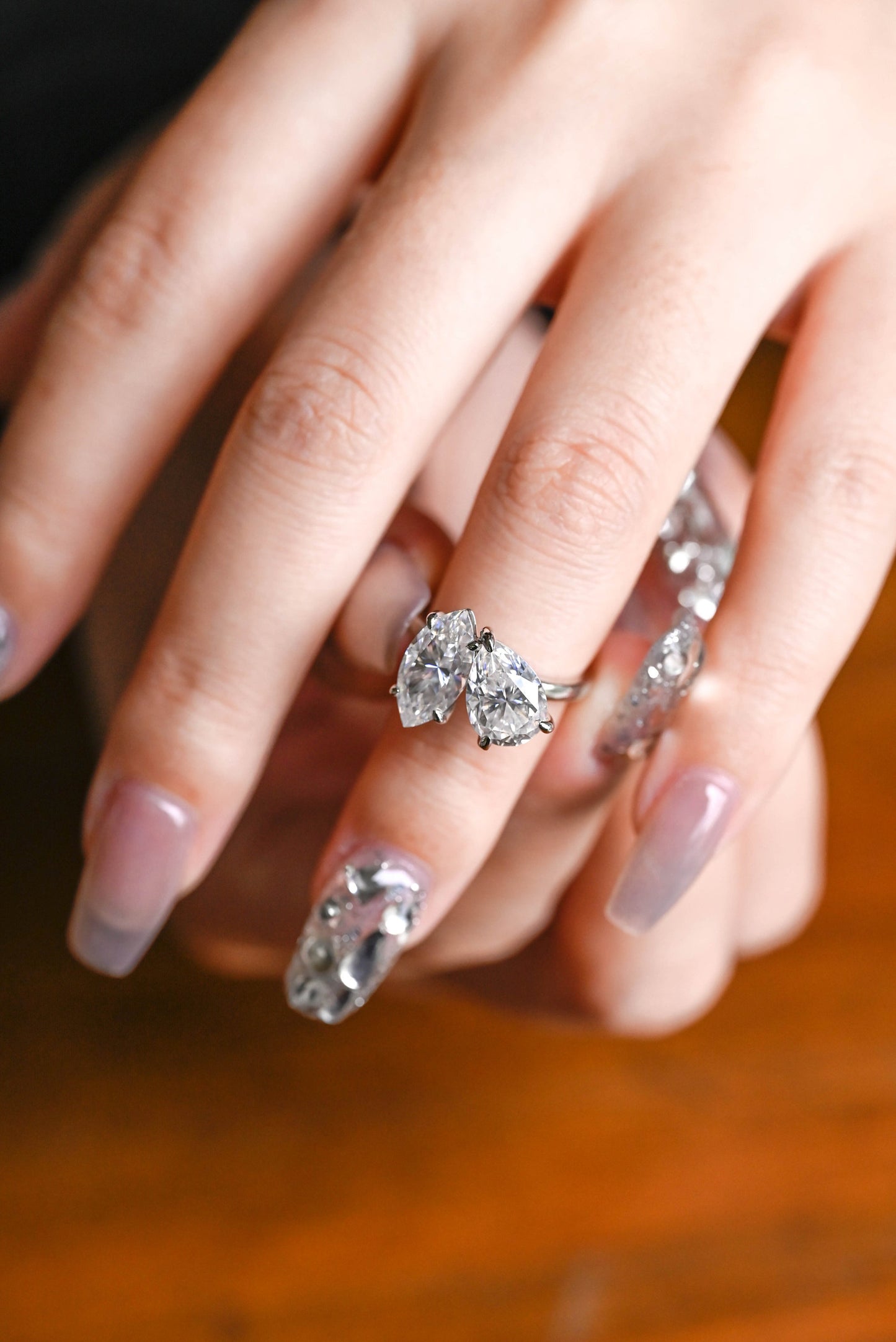 2.0 CT Marquise & Pear Cut Two Stone Moissanite Engagement Ring