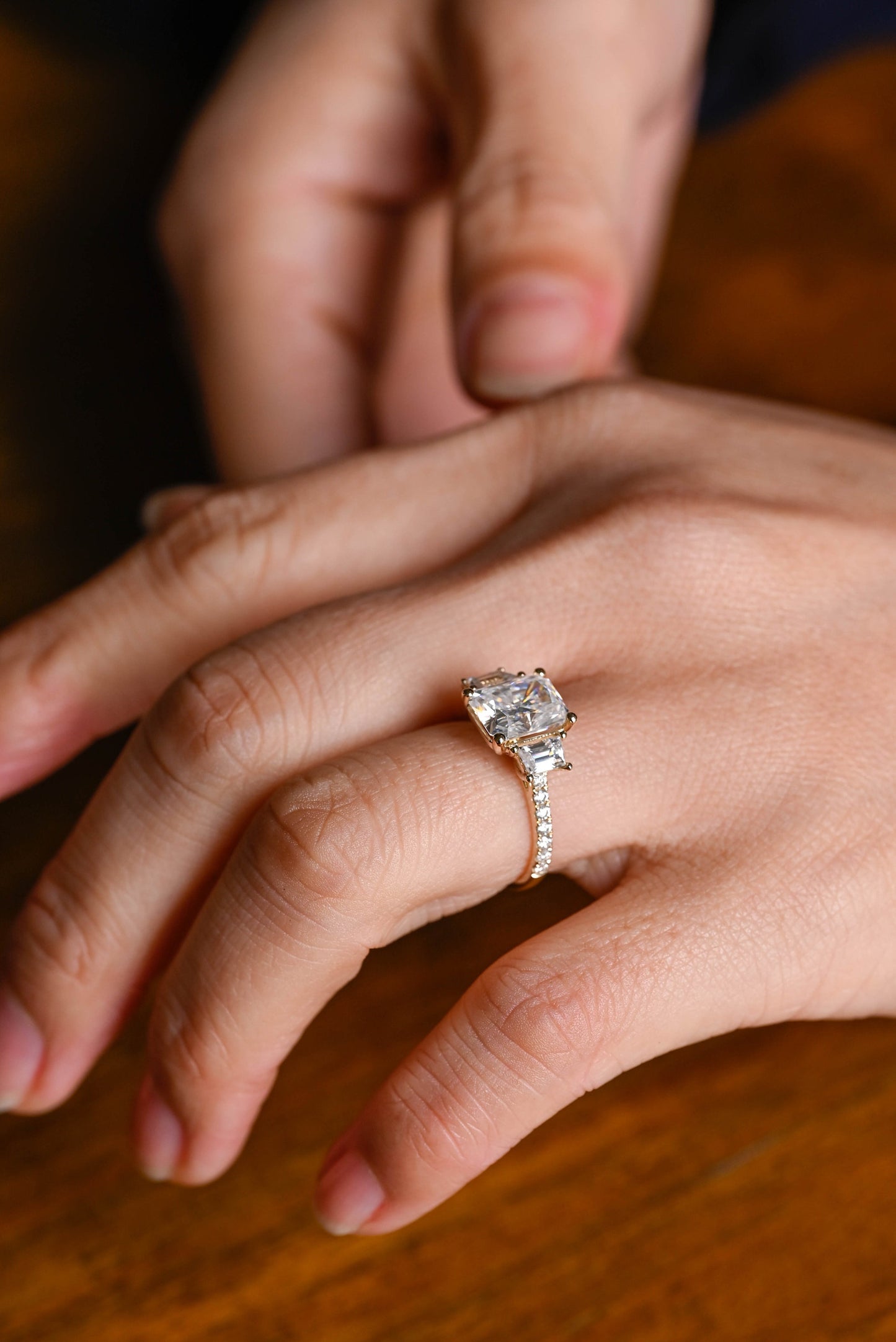 3.0 CT Radiant Cut Three Stone Moissanite Engagement Ring