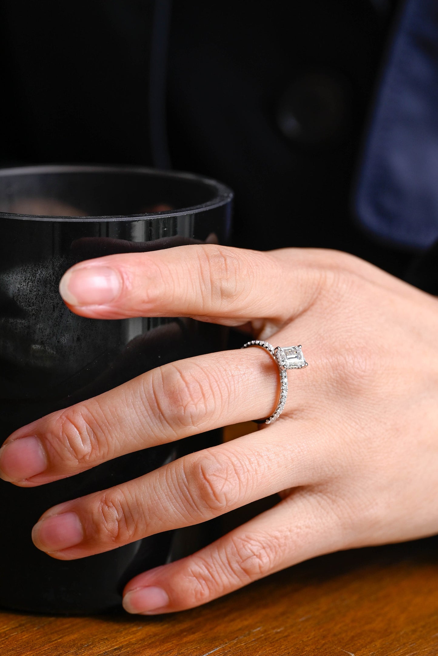 1.5 CT Emerald Cut Hidden Halo Moissanite Engagement Ring