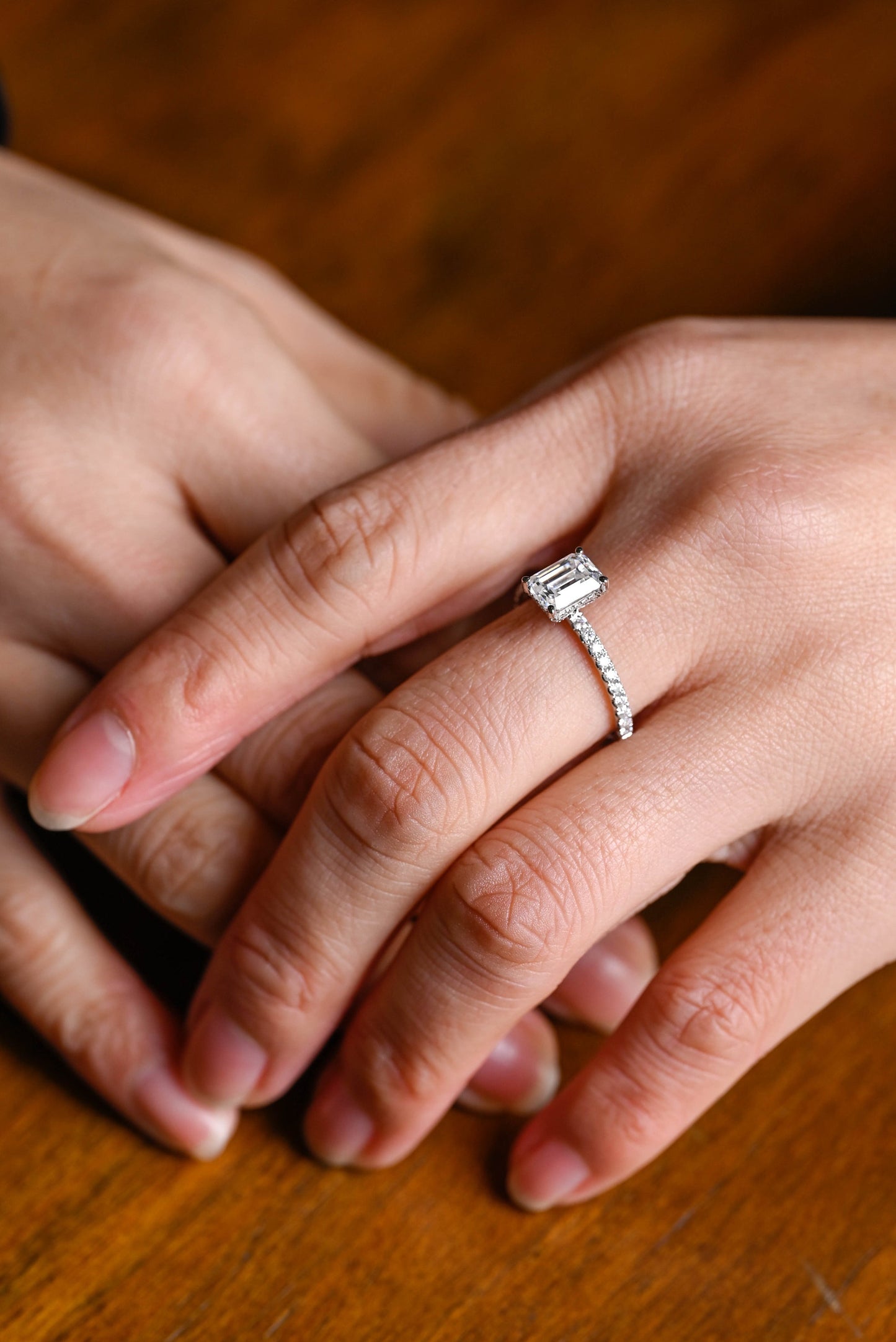 1.5 CT Emerald Cut Hidden Halo Moissanite Engagement Ring